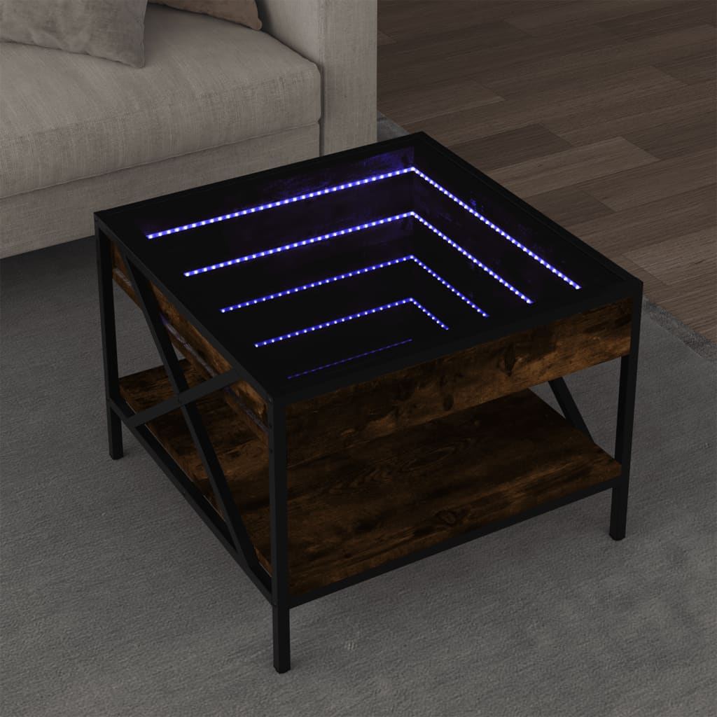Stolik kawowy z LED Infinity, przydymiony dąb, 50x50x38 cm vidaXL
