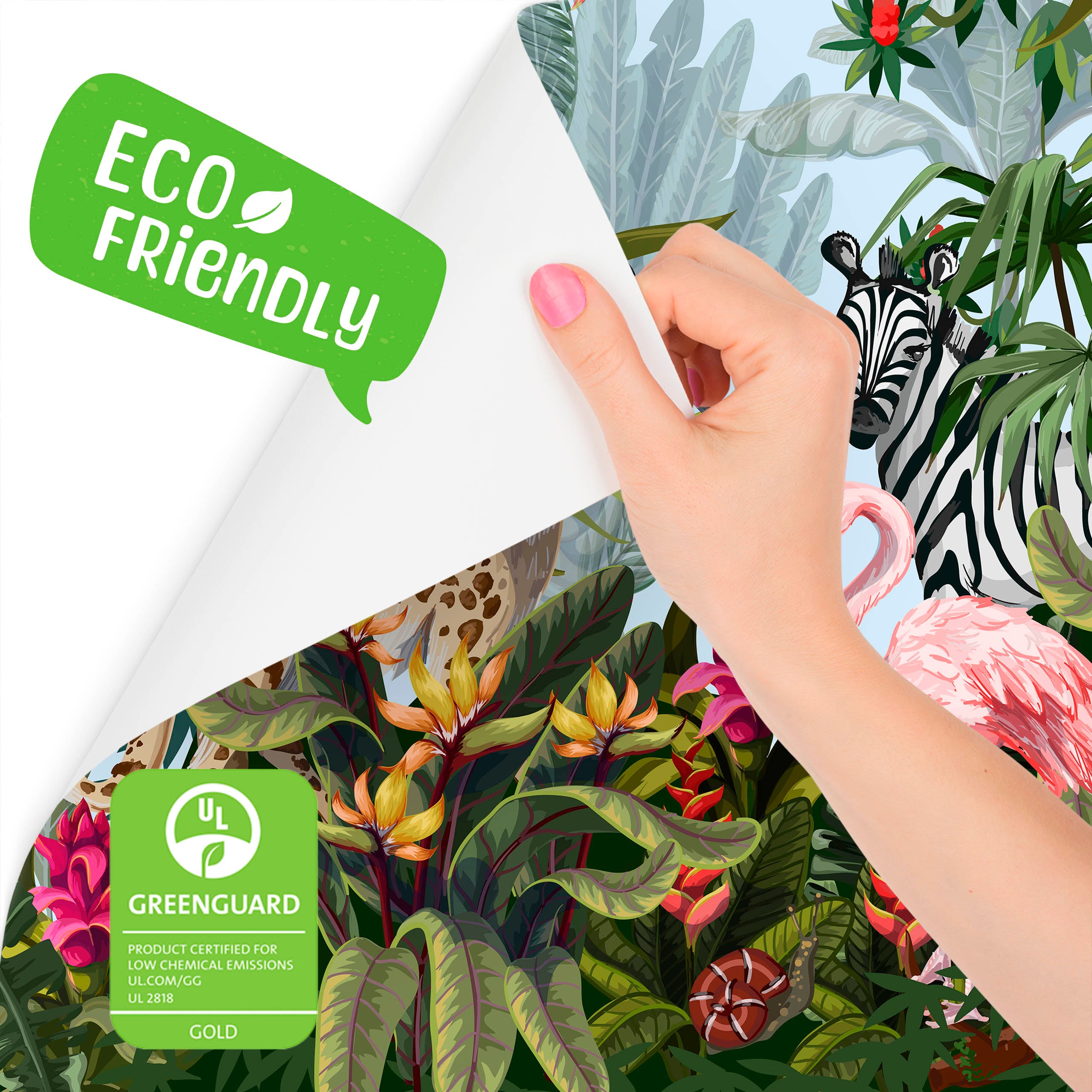 Papier Peint Panoramique Intissé ANIMAUX SAUVAGES Plantes Tropicales Fleurs Feuilles 180 cm x 120 cm - Colle Inclus - Pour Chambre Enfants - 8