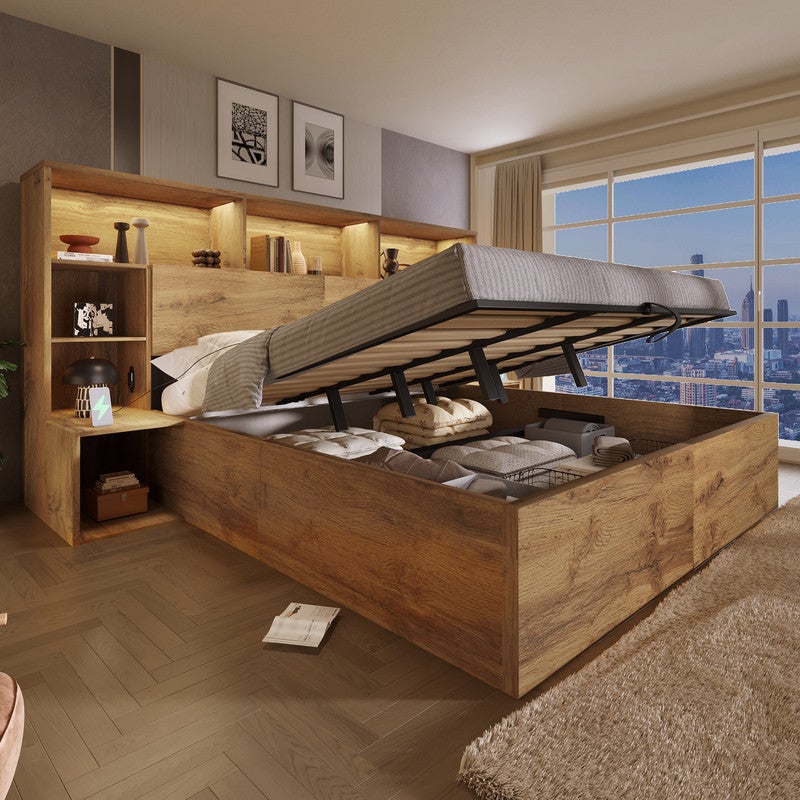 Lit 180x200 avec LED et USB, Lit Coffre 180x200 avec tables de chevet intégrées et hydrauliques, Cadre de lit En bois chêne (Sans Matelas) - 4