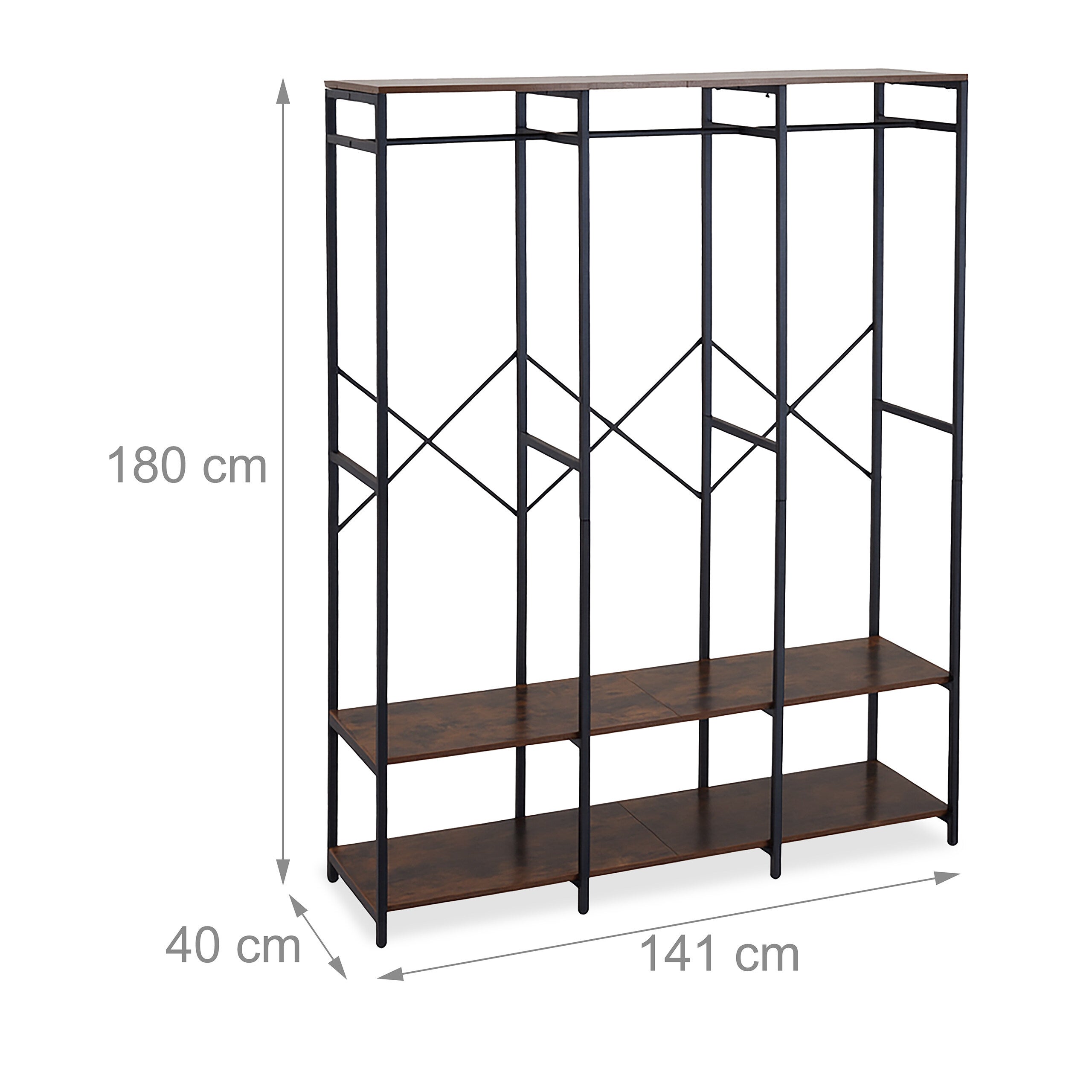 Cabideiro, aberto, armário, prateleiras e barra, 180 x 141 x 40 cm, cabideiro, metal, preto/castanho, Relaxdays - 4