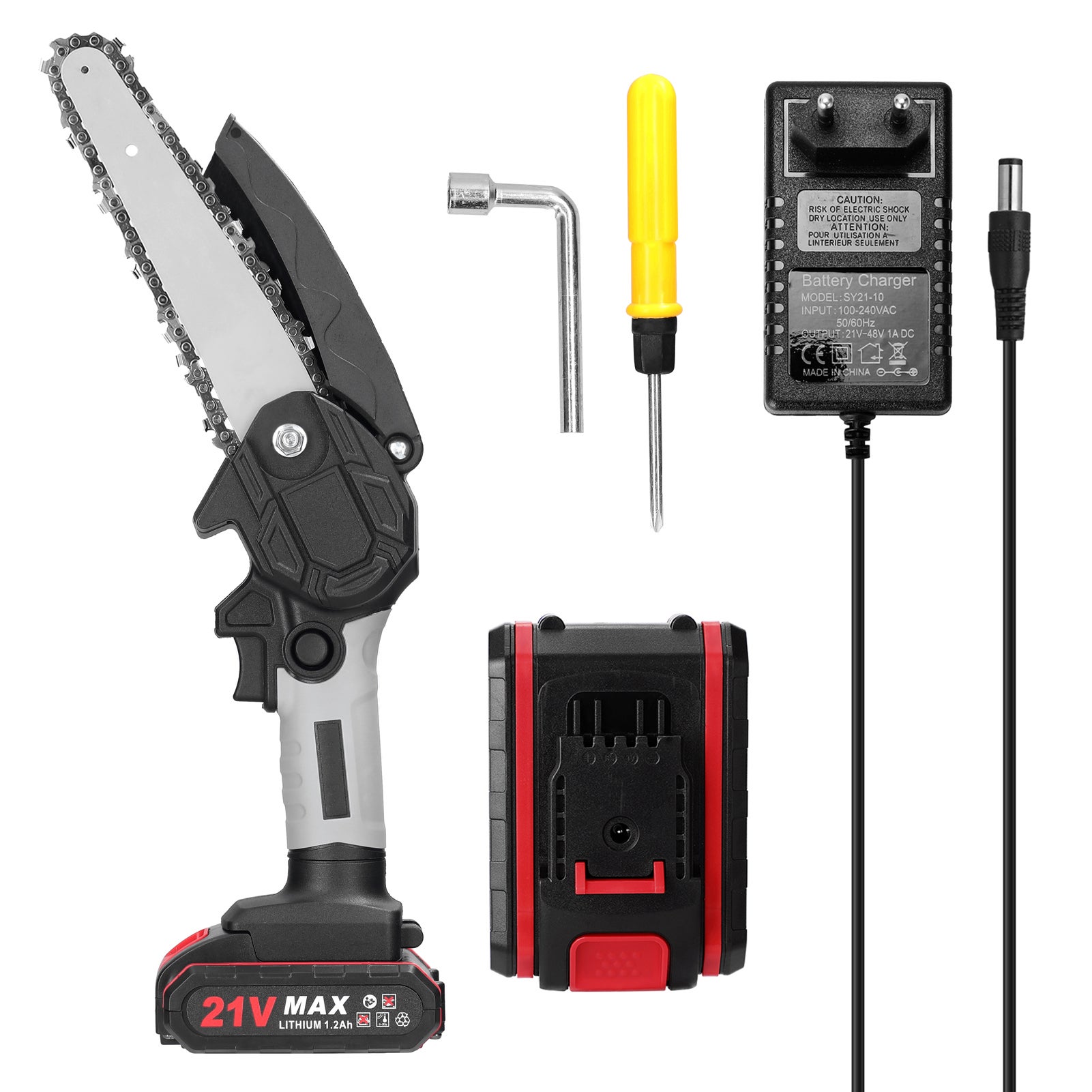 Scie à Chaîne électrique Portable 21V - Longueur Guide 6 Pouces - Pour Coupe Branches, Bois - Moteur à Balais, Sans Fil