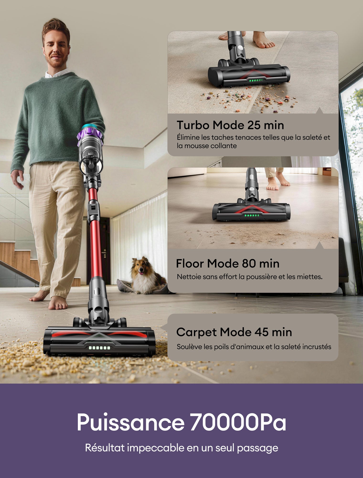 Aspirateur Balai sans Fil UI8 PR0, 600W, 70Kpa, Autonomie 80 min, brosse anti-emmêlement, Écran LED, Tube flexible, GreenEye, Gris et Rouge - 2