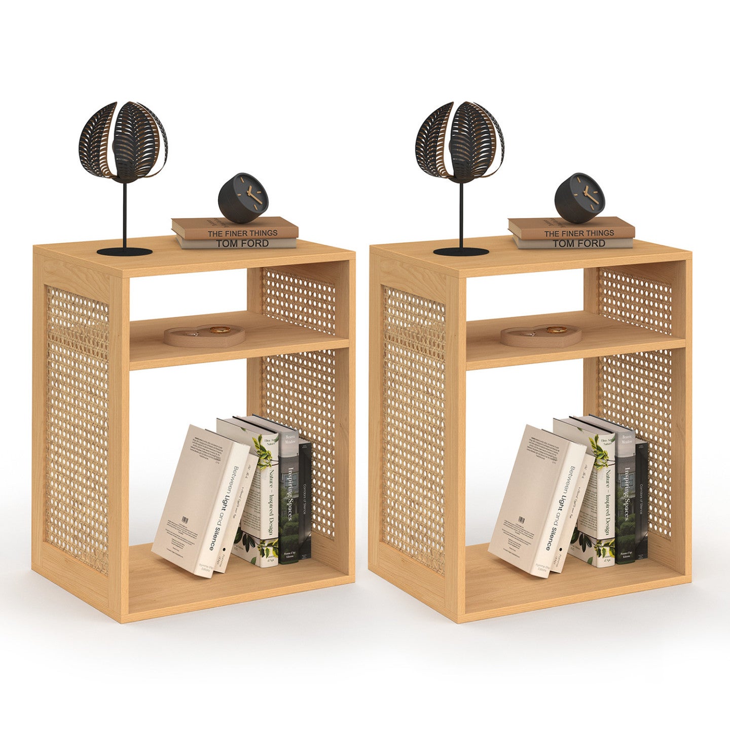 Lot de 2 tables de chevet NORA avec rangements ouverts cannage et bois - 2