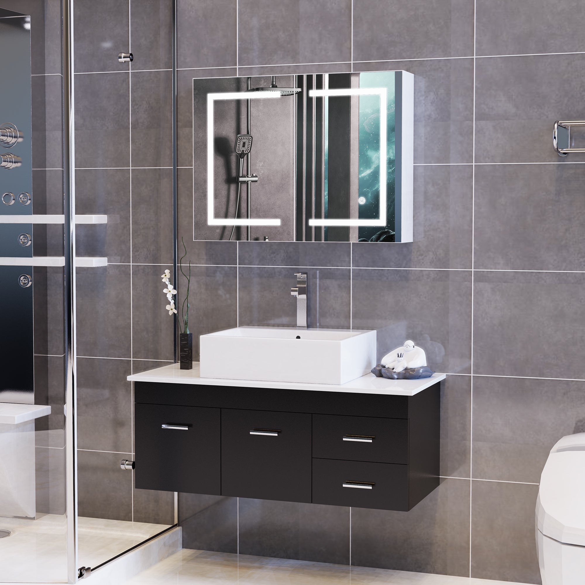 Armoire led 2p de toilette lumineuse, 80x13,5x60 cm, Armoire de salle de bain avec miroir, Interrupteur tactile, Étagère réglable, Dimmable, Blanc - 8
