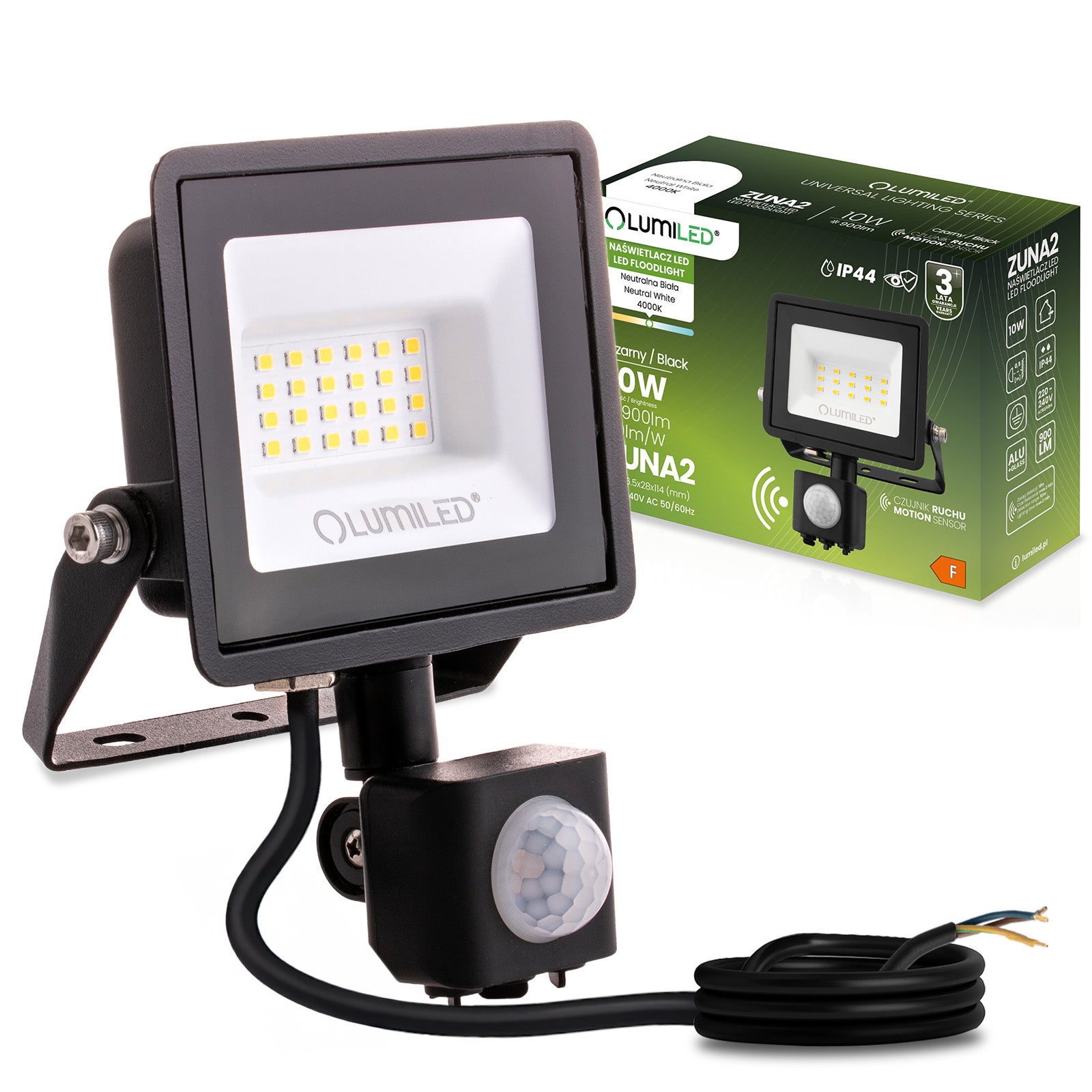 Naświetlacz LED Lumiled 20W 1800lm 4000K Neutralna biel IP44 Czarny Czujnik Ruchu 1 szt.