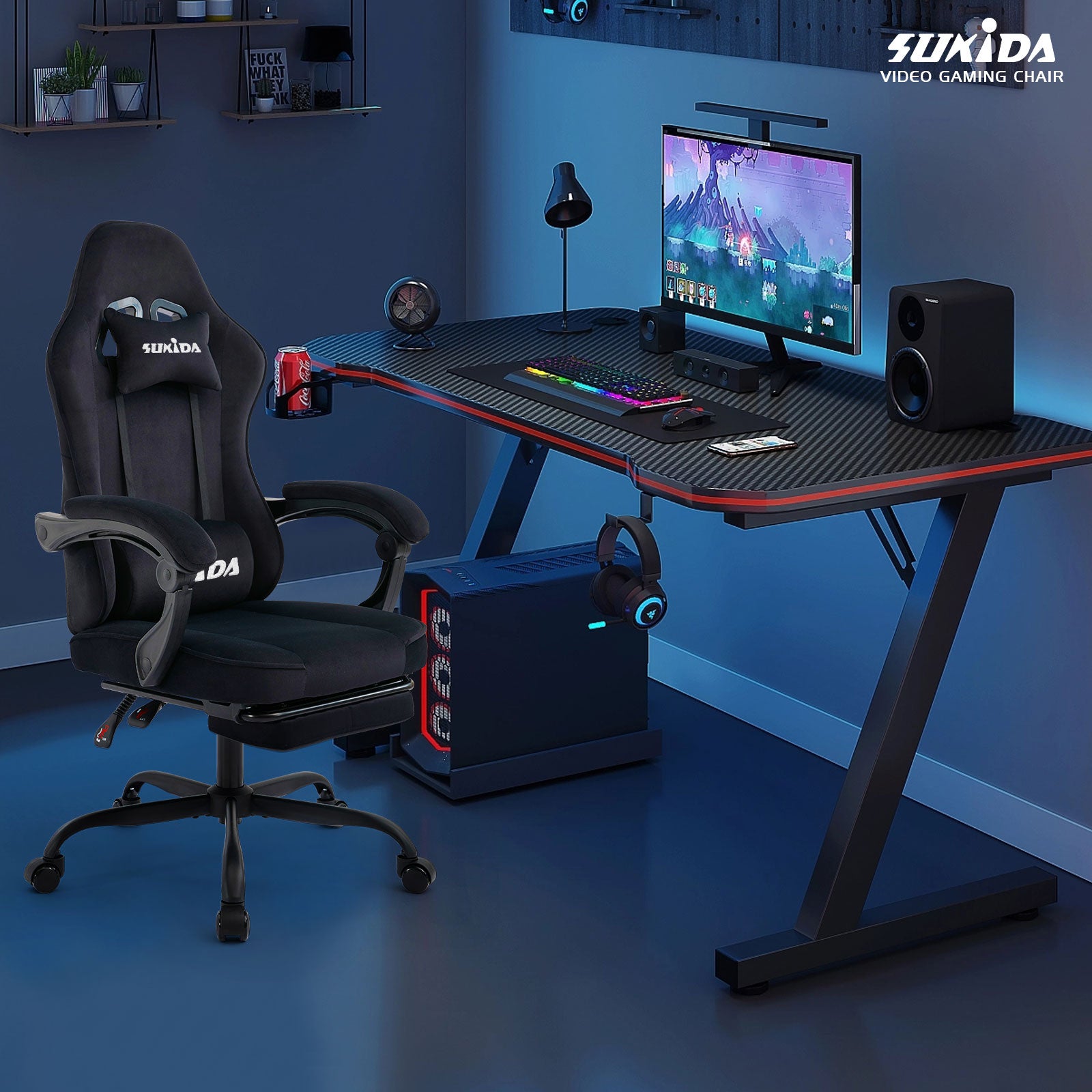Sedia Gaming Ergonomica in Tessuto, Sedia da Ufficio con Poggiapiedi e Supporto Lombare Regolabile – Sedia Racing per PC Nera | Leroy Merlin