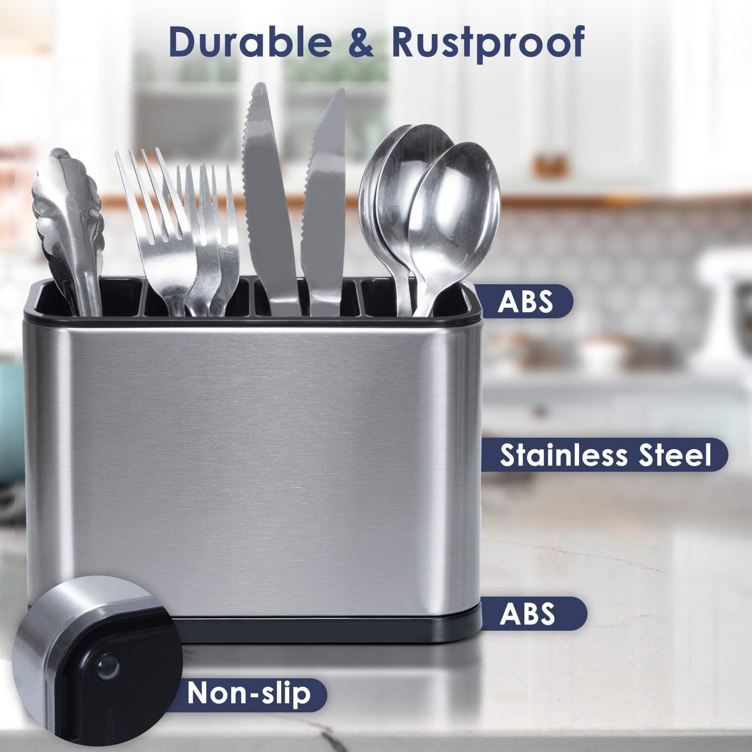 Égouttoir à couverts en acier inoxydable, argenté, rangement de table de cuisine avec 4 compartiments et plateau anti-goutte antidérapant - 6