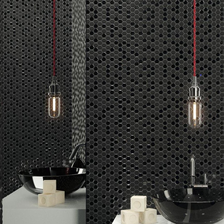 Mosaico esagonale in vetro lucido-opaco HIP-HOP DK. rete di 30,1x29,7 cm. 15 reti per scatola. 226€/scatola-1,34m2 - 2