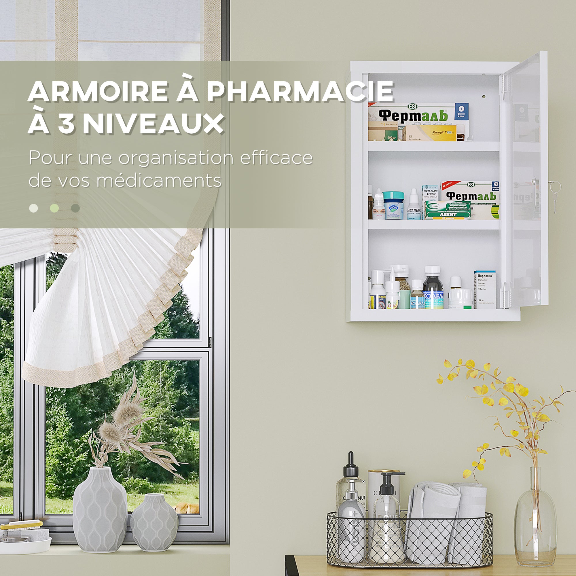 Armoire à pharmacie armoire à médicaments murale à 3 niveaux avec porte verrouillable 2 clés en acier, blanc - 7