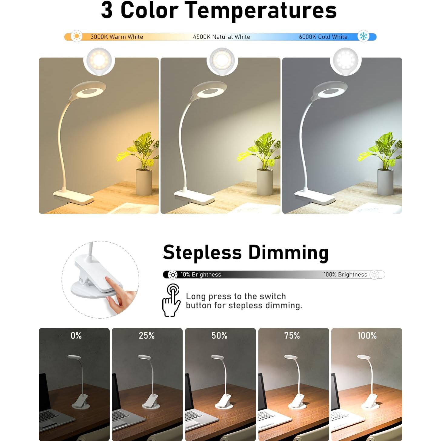 Lampe de bureau sans fil, lampe de table LED rechargeable, lampe de lecture à intensité variable, lampe à pince, veilleuse, 3 températures de couleur - 2