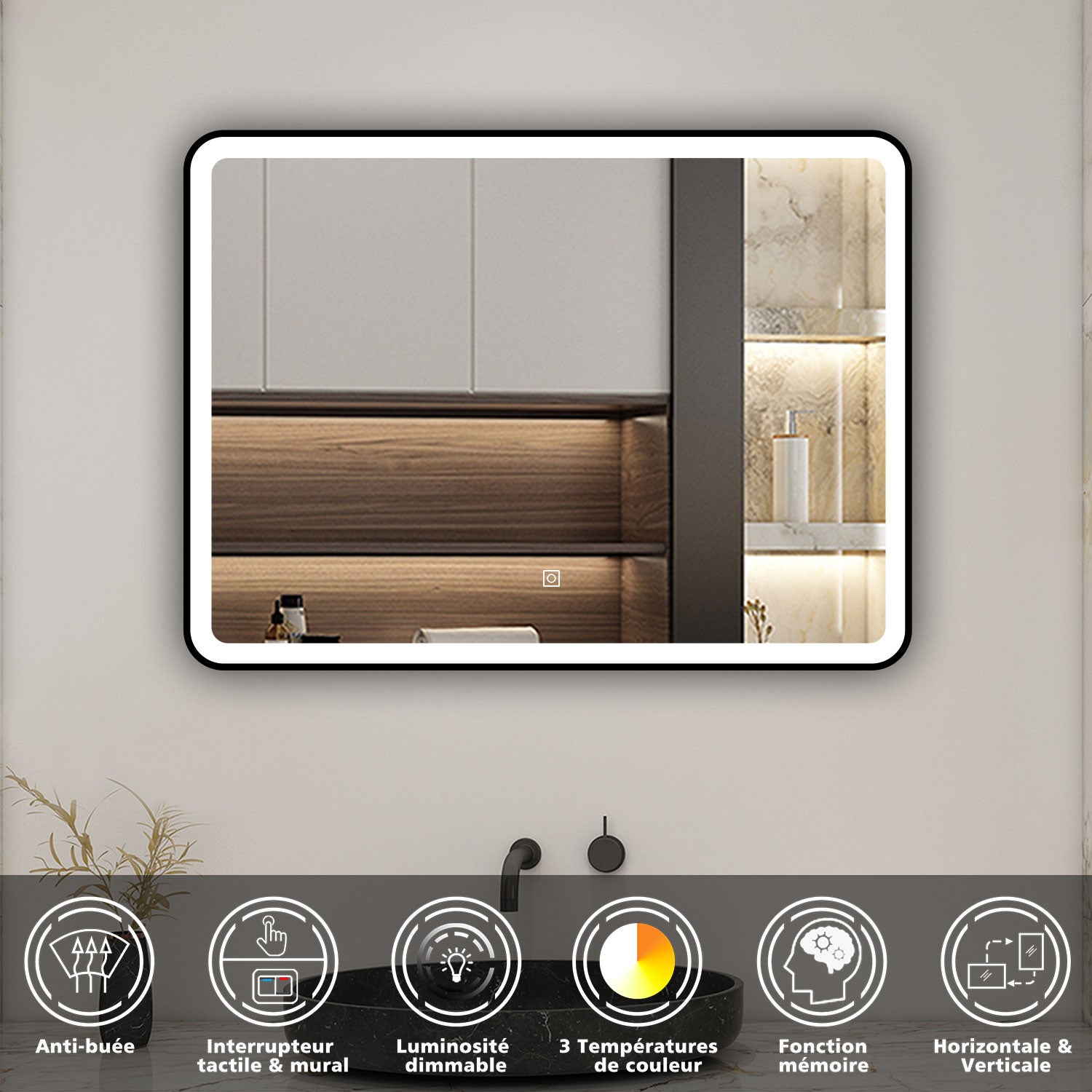 AICA Miroir lumineux 70x50cm 3 couleurs + anti-buée + dimmable + mémoire miroir salle de bain - 2