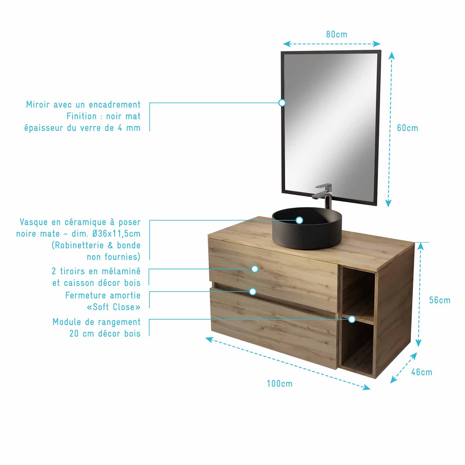 Meuble salle de bains 100 TIMBER Décor Chêne Tiroirs + Niches - Vasque Noire - Miroir Bords Noirs - 4