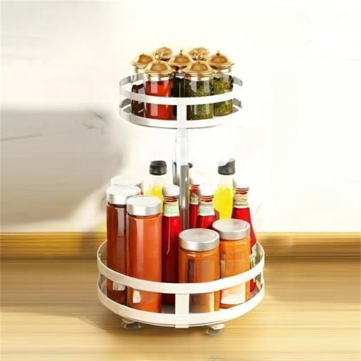 Półka na przyprawy na blacie kuchennym, obrotowa, metalowa, regulowana wysokość, 2-poziomowa, okrągła, biała, 25*43,5 cm