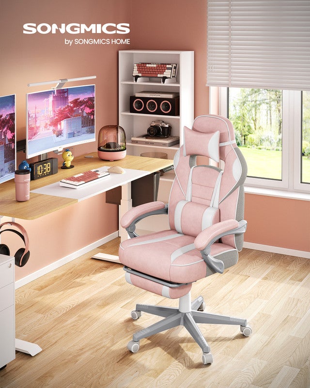 Fauteuil de Bureau, Réglable, Repose-pieds Télescopique, Mécanisme à Bascule, Appui-tête, Rose Bonbon et Blanc Crème - 2