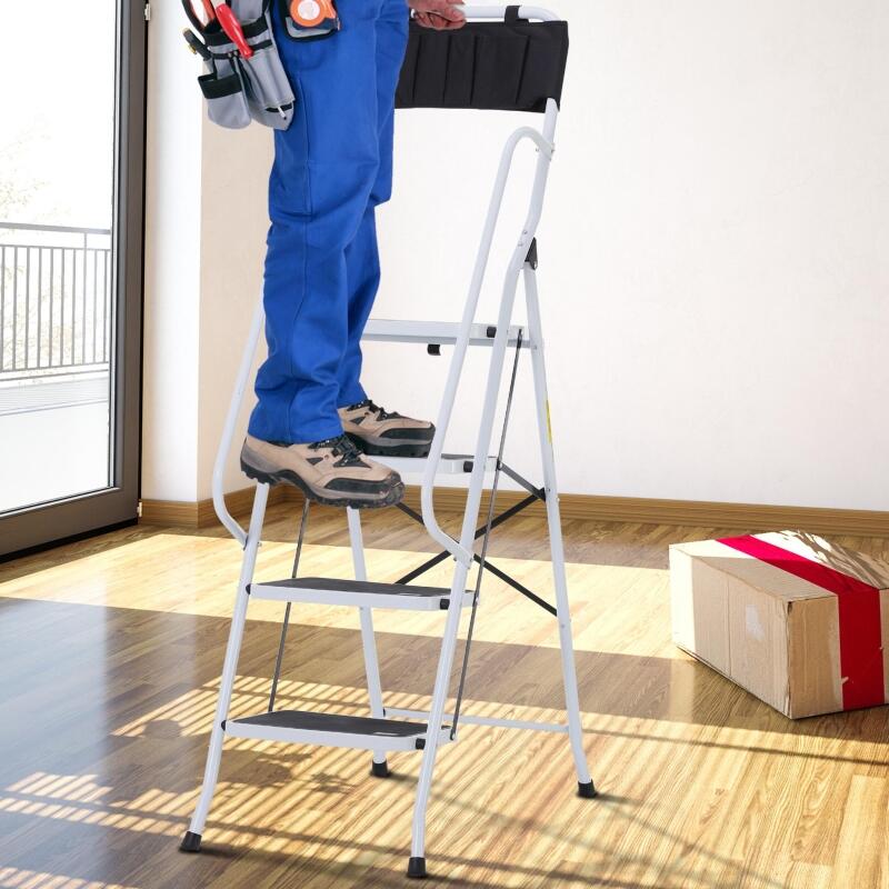HOMCOM Escabeau pliable 4 marches XL antidérapantes double garde corps hauteur max. 1,55 m charge max. 150 Kg pochette outils intégrée - 3