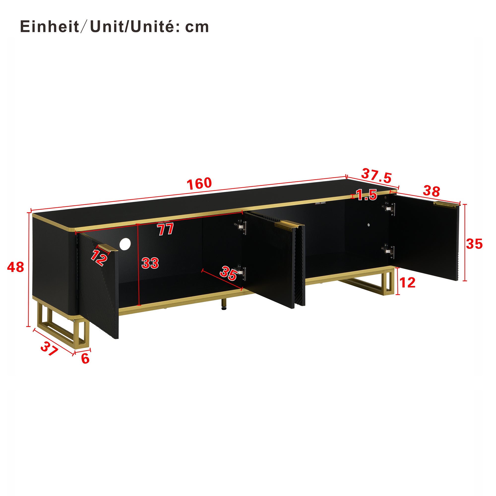 Stojak pod TV z 4 drzwiami - 160 x 37,5 x 48 cm - MDF i nogi z metalu w kolorze złotym - Czarny - 4