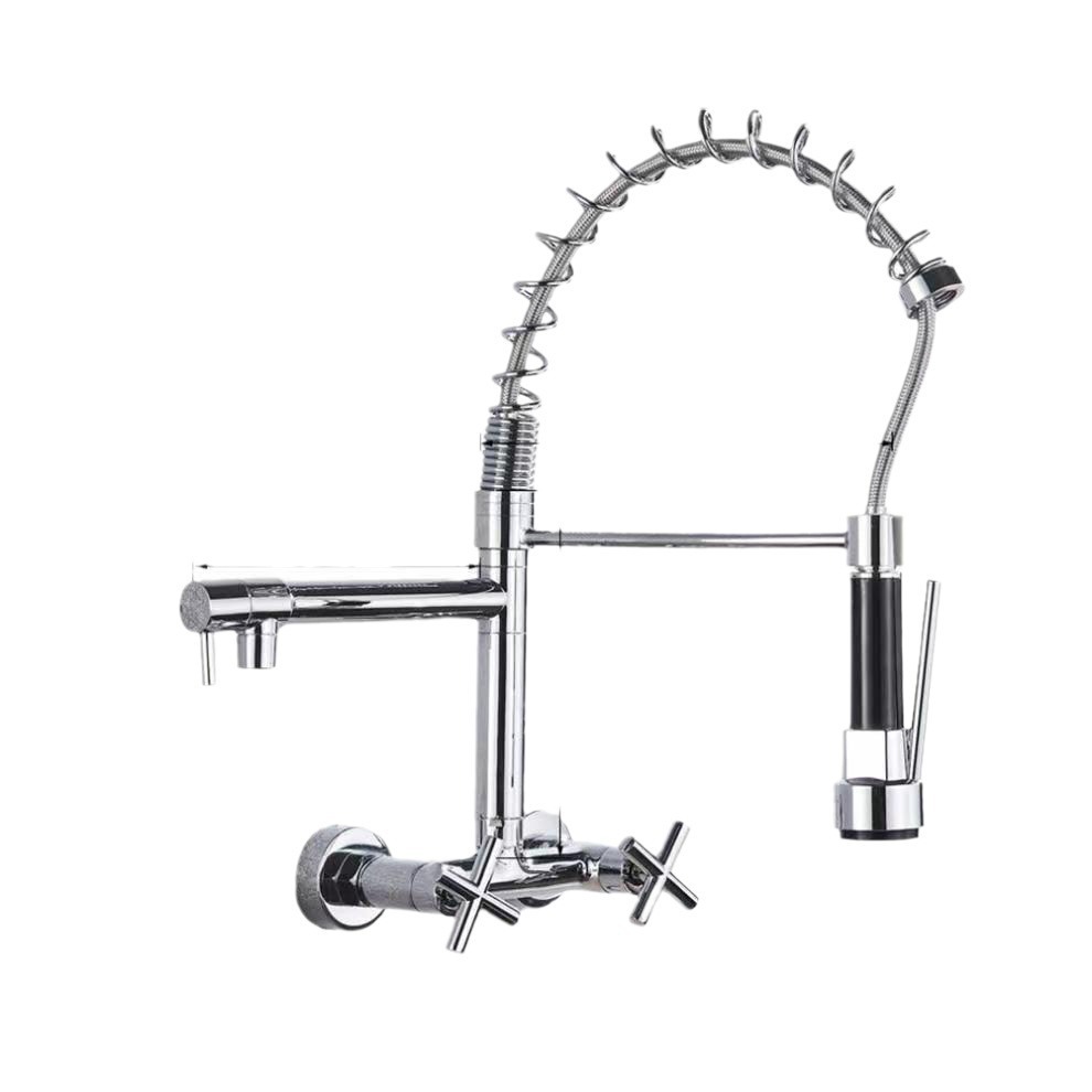 Bateria kuchenna ścienna z wyciąganą wylewką, obrotowa 360°, z 3 trybami natrysku, posrebrzana