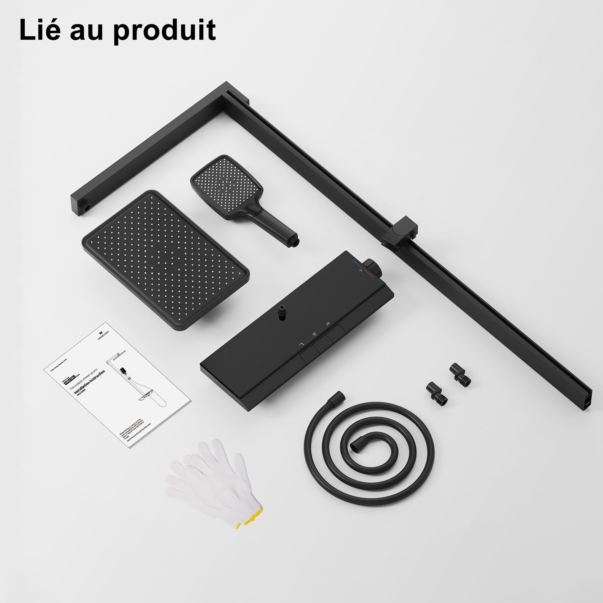 Colonne de Douche Thermostatique 40°C Noir, Kit de Douche 3 Fonctions avec Sortie Cascade, Étagère de Rangement 40 cm et Boutons Piano en Laiton - 8