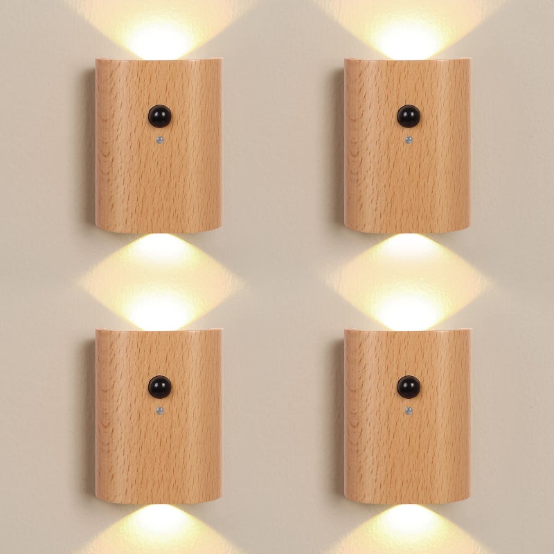 Zestaw 4 ściennych lamp LED, lampki nocne z czujnikiem ruchu, kinkiety ścienne, kinkiety ścienne ładowalne