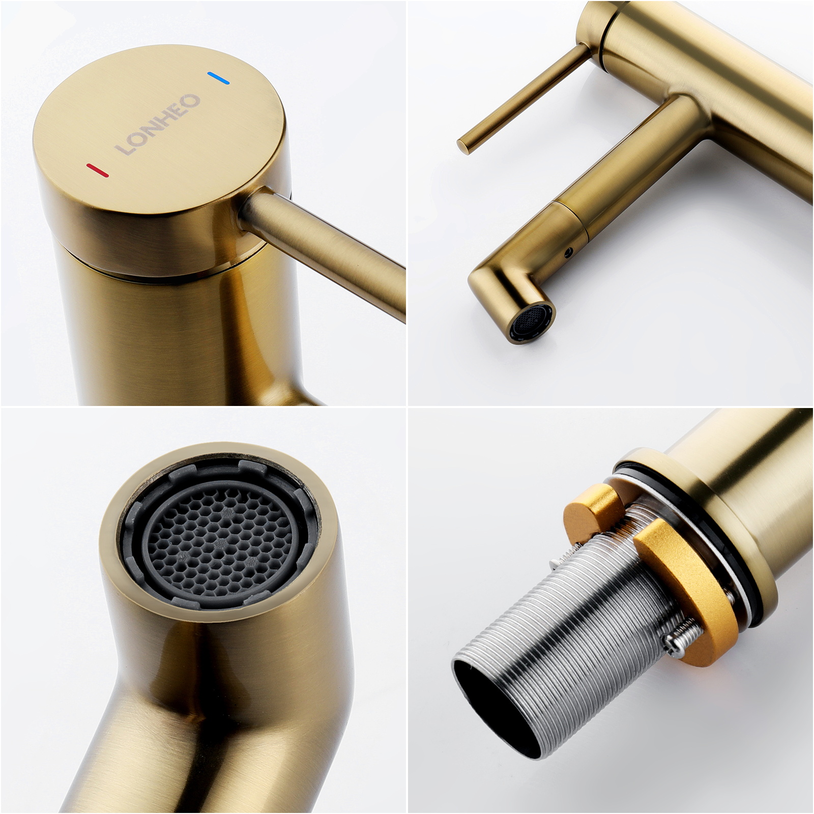 Robinet de Lavabo Bec Rotation à 360°, Mitigeur à Eau Chaude et Froide pour Vasque, Robinet de Salle de Bain avec Barboteur Démotable, Doré - 6