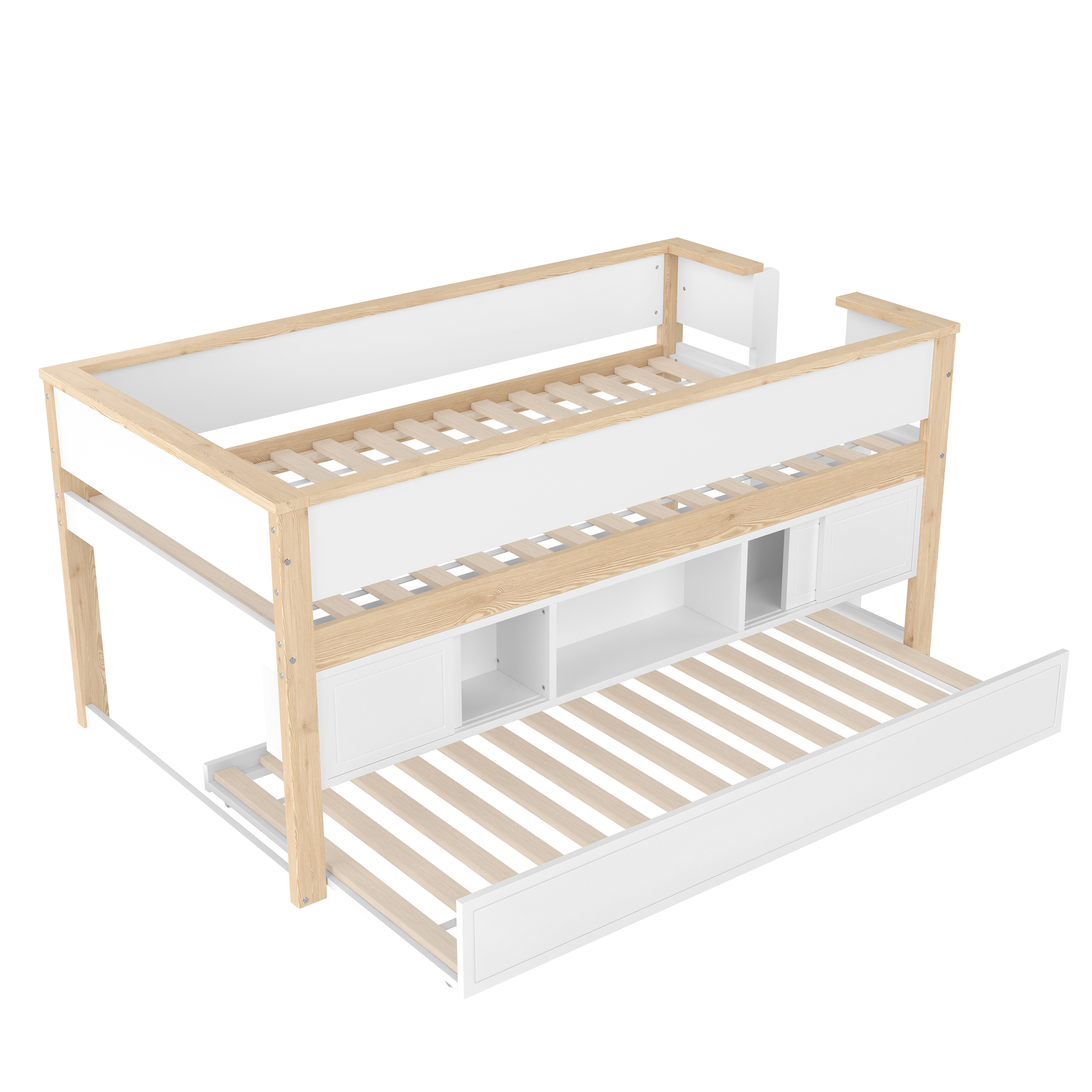 Letto estraibile 90x200 cm con cassetti scorrevoli e spazi aperti, pino bianco e naturale, senza materasso - 5