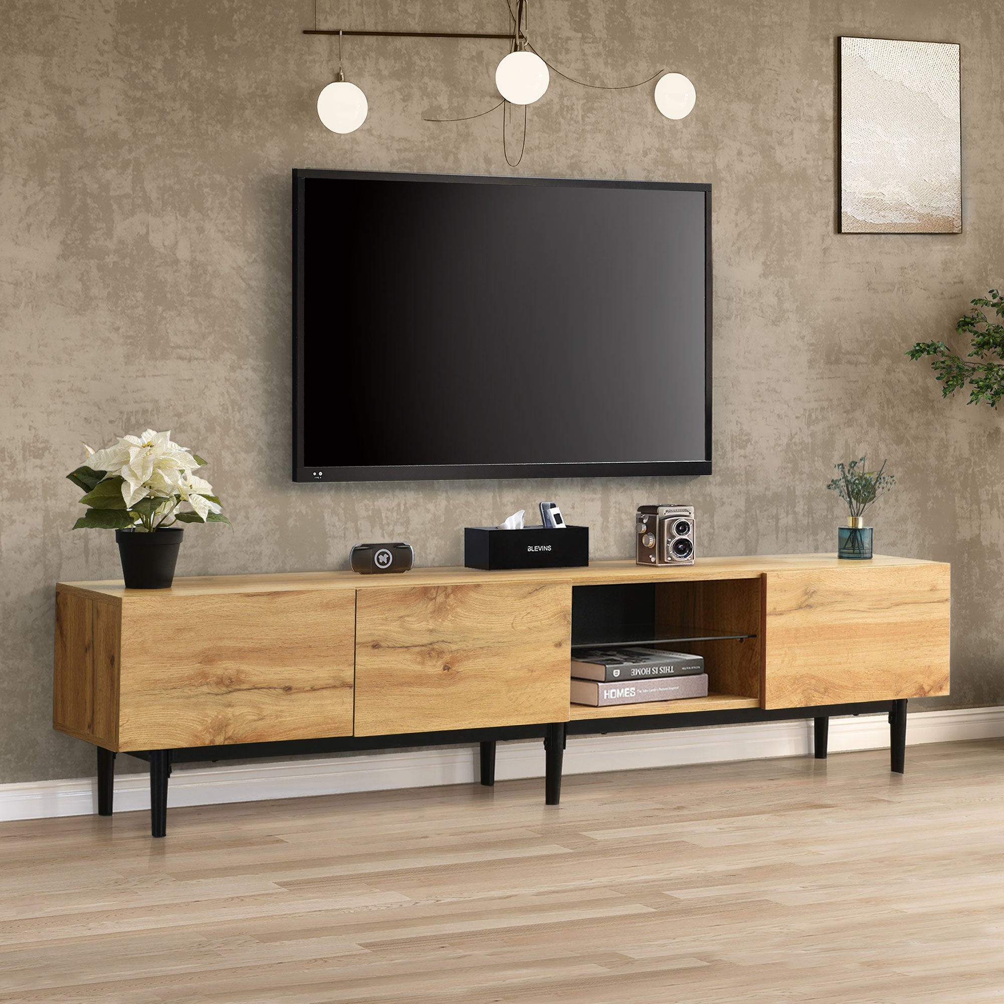Meuble TV Avec Lumières LED Intelligentes – 4 Tiroirs, Étagères, Pieds Réglables – Style Rétro Noir/Marron