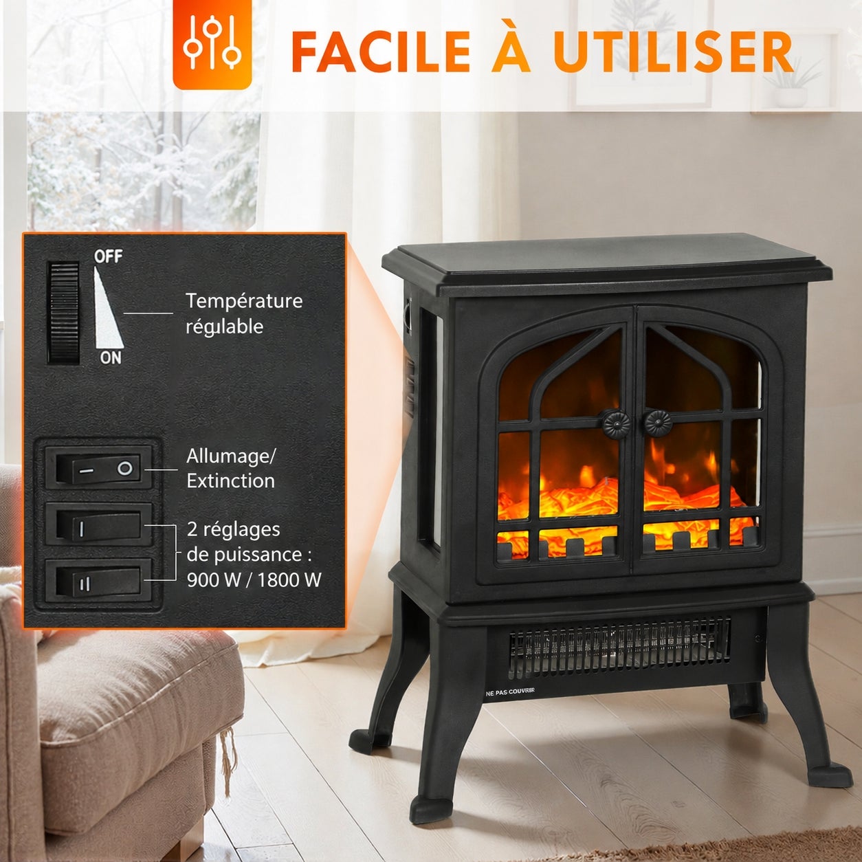 Cheminée électrique sur pied portable 900/1800 W, effet flamme 3D sur 3 ...