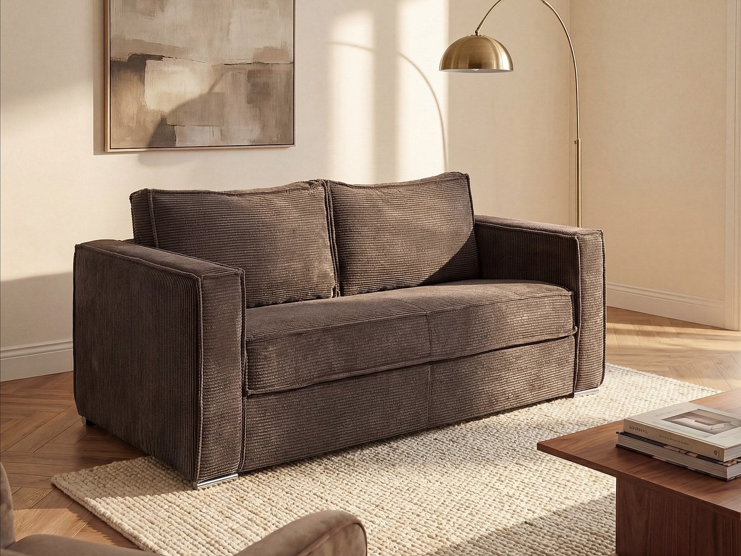 Kanapa 3-osobowa rozkładana typu express z brązowego sztruksu - Miejsce do spania z szerokimi listewkami 140 cm - Materac 14 cm - LORETO