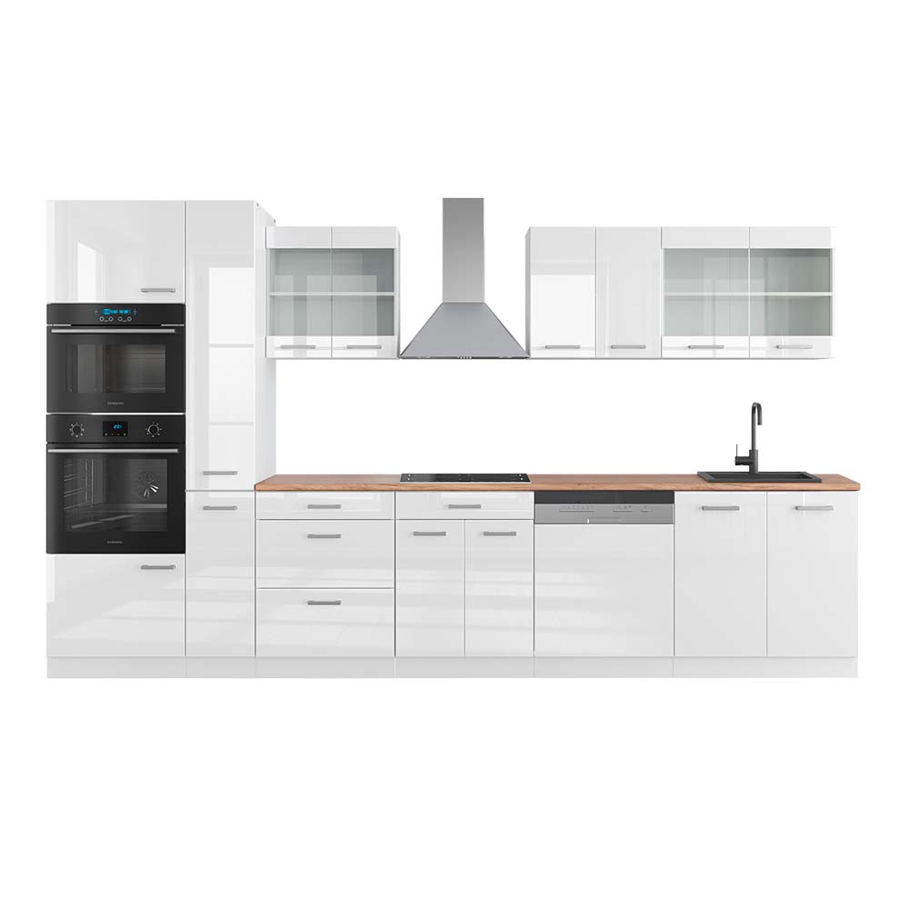 Vicco Zabudowa kuchenna R-Line, Biały wysoki połysk/biały, 350 cm z wysoką szafką, BP Dąb