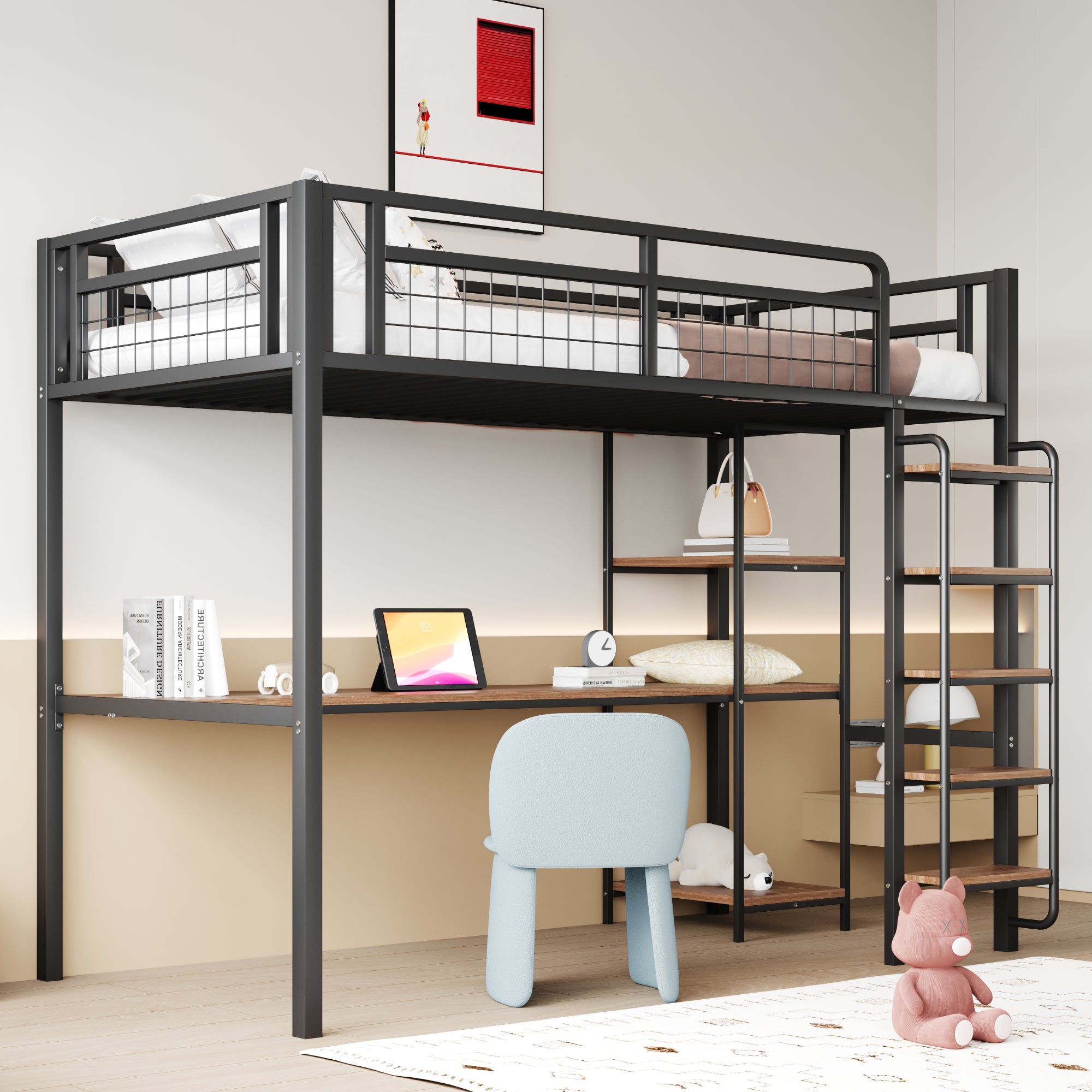 Łóżko piętrowe 90 x 200 cm z biurkiem i półkami do przechowywania - Metal i MDF - dla dzieci - Czarne