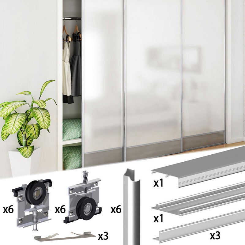 Kit SLID'UP 220 Aluminium Anodisé Naturel Pour 2 Portes De Placard Coulissantes 18 Mm - Rail 1,8 M - 70 Kg