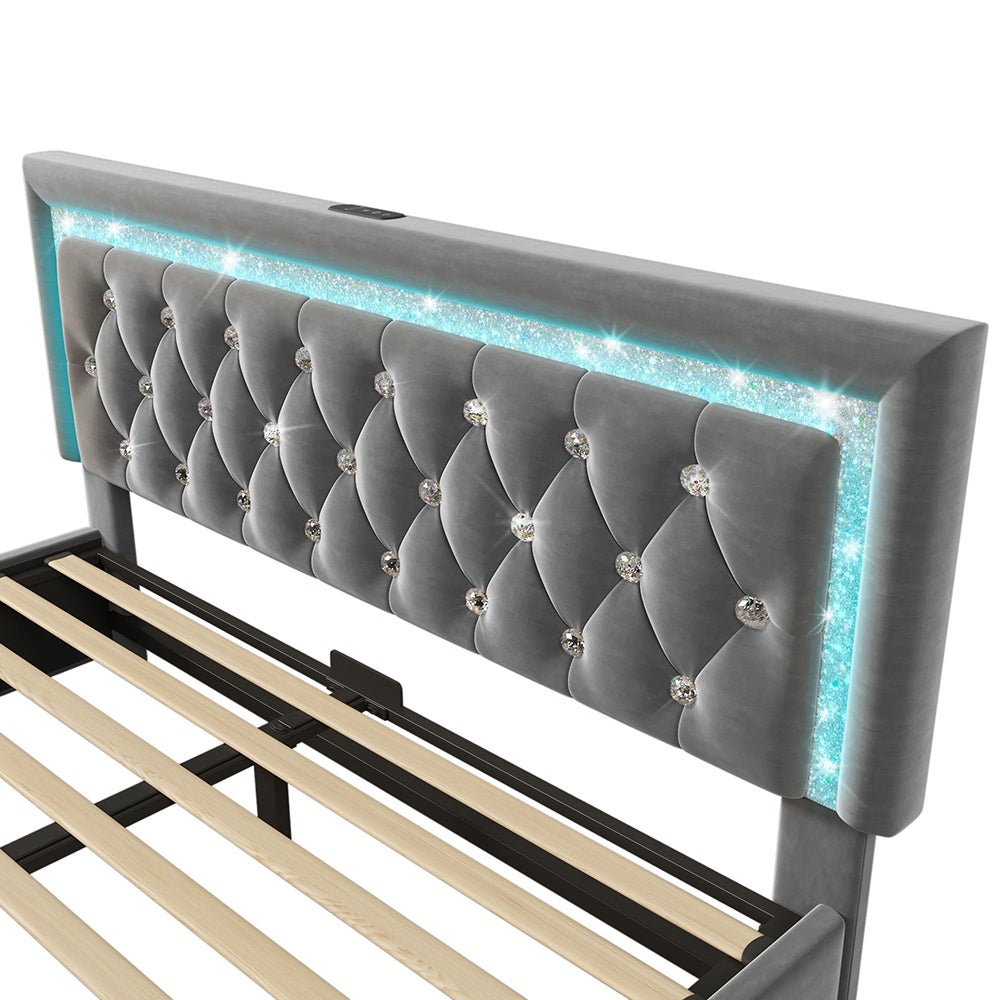 Cama tapizada, cabecero con tira LED en forma de diamante, estación de carga USB y Type-C, terciopelo, gris (sin colchón) - 140 x 200 cm - 8