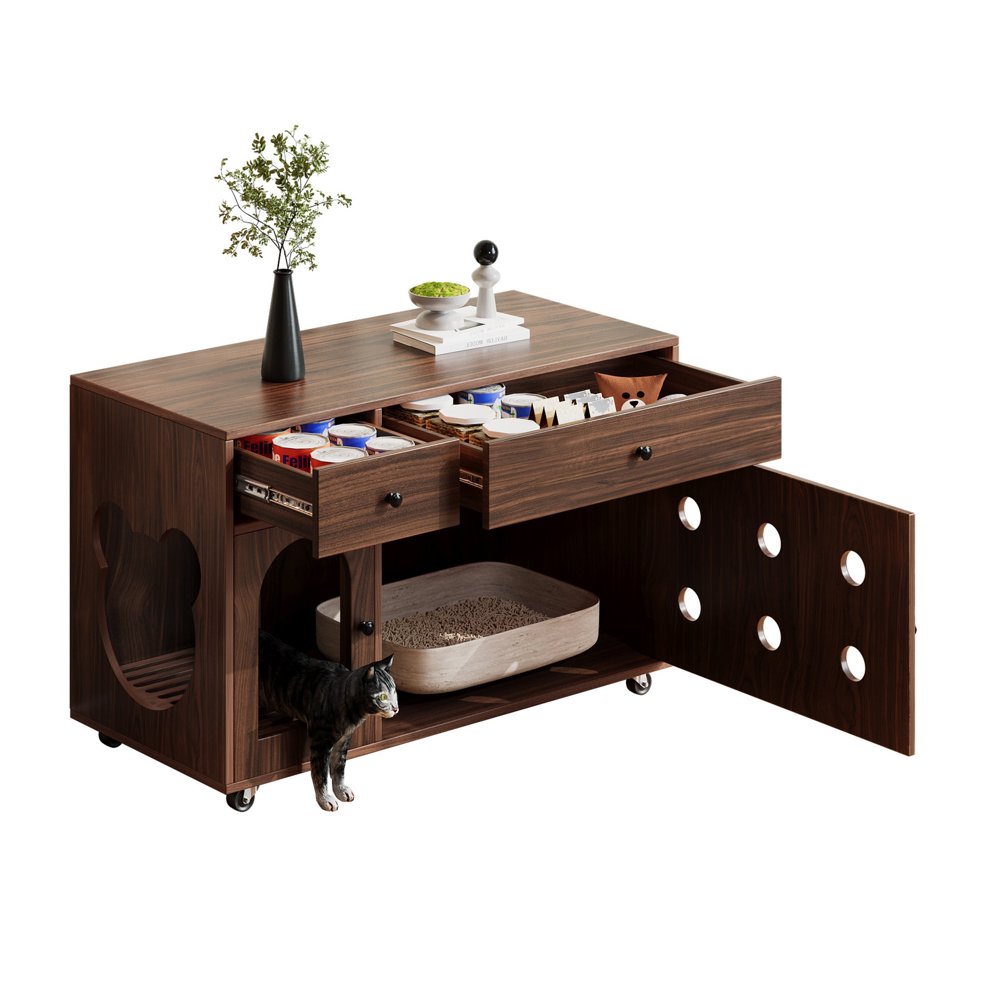 Caixa de areia móvel para gatos com 2 gavetas e 1 porta - 100 x 45 x 66 cm - MDF - Nogueira - 6