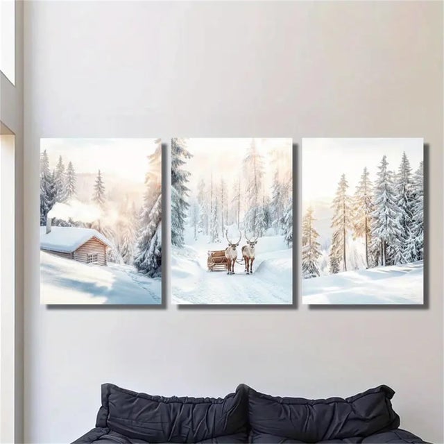 Conjunto de 3 pôsteres - Branco - Inverno - Neve - Arte de parede para sala de estar - Impressões modernas em tela - Decoração de parede - Sem moldura
