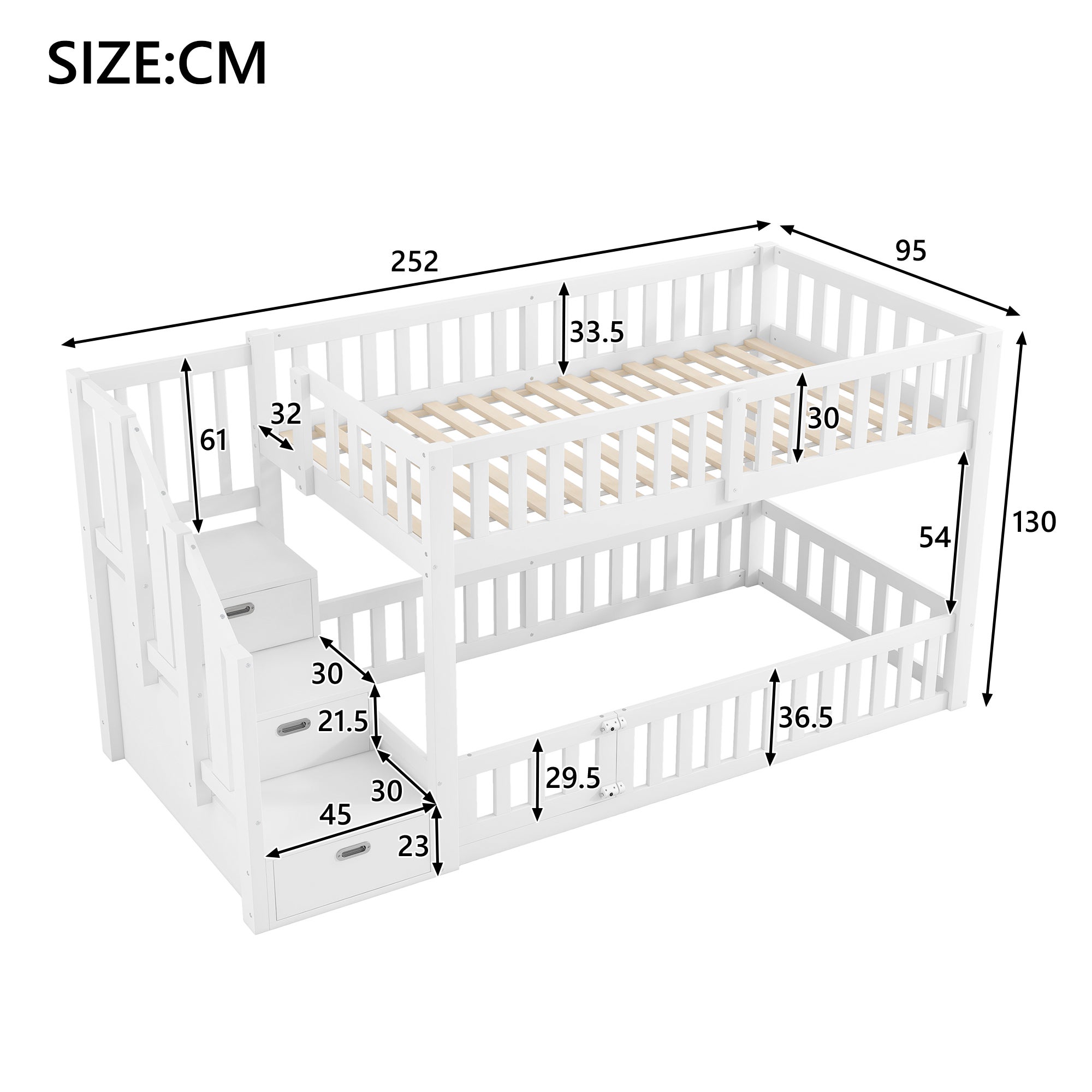 Litera Infantil 90x200 cm Blanco, Madera de Pino + MDF, Cama Baja con Escalera de Almacenamiento, Barandilla Segura - 6