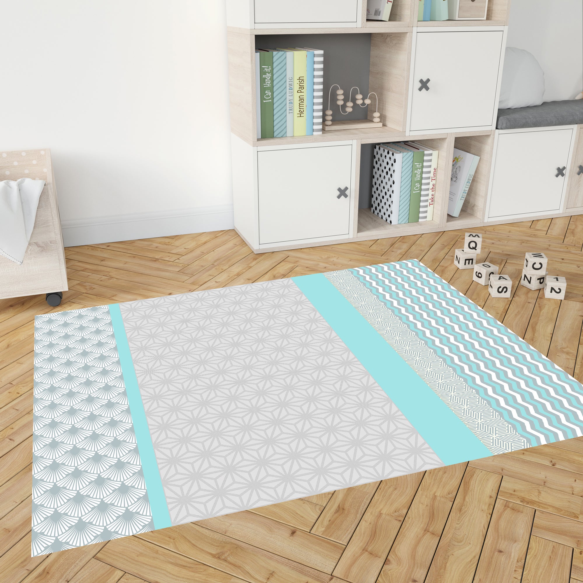 Alfombra de vinilo composición turquesa 100x150 cm - pvc antideslizante, vinilica para habitación infantil, ignífuga y lavable