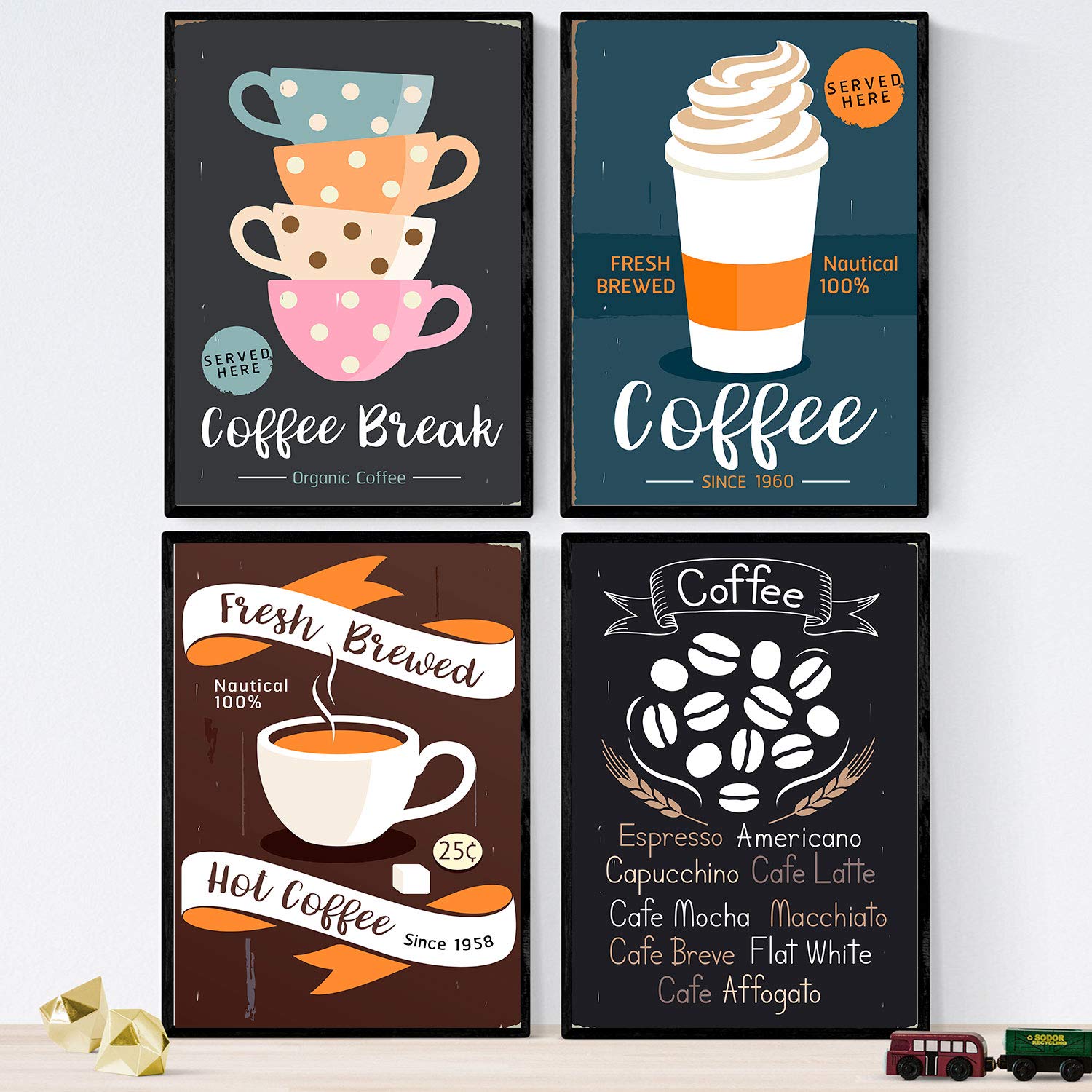 Set de láminas de cafe. posters de tipos de cafe. cafe colorido 2. sin marco - a3