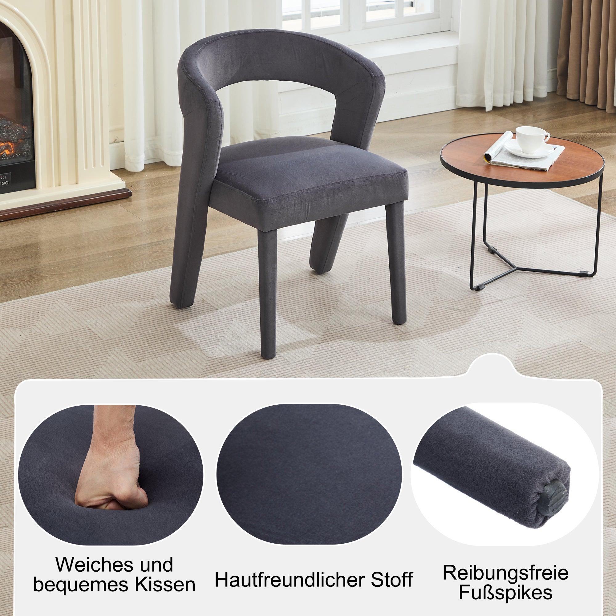 Chaise avec accoudoirs, chaise simple - 59 x 60 x 79 cm - Velours - Gris - 8