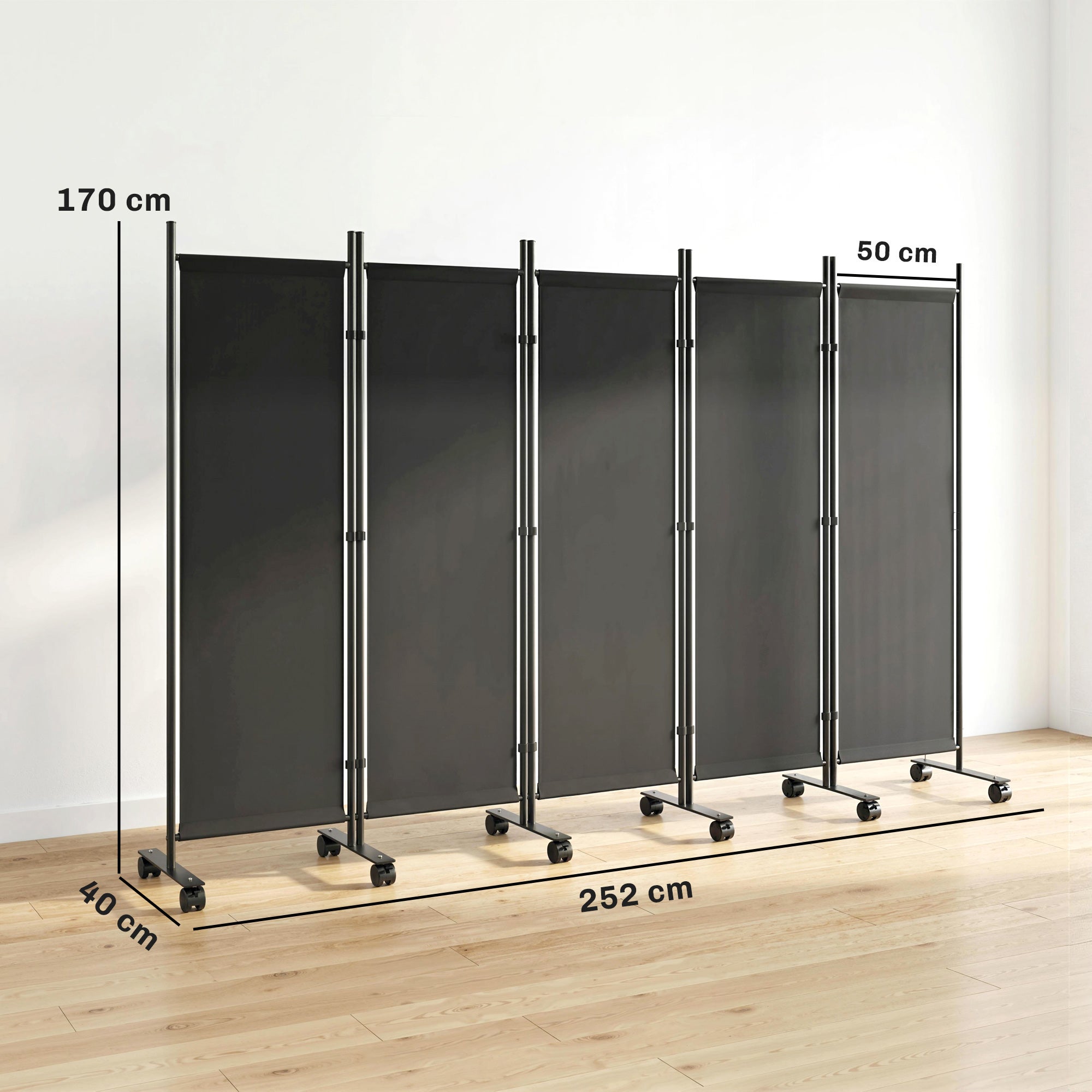 Écran pliant 5 panneaux, 12 roues, 252x170 cm, séparateur pièce personnalisé, noir - 5