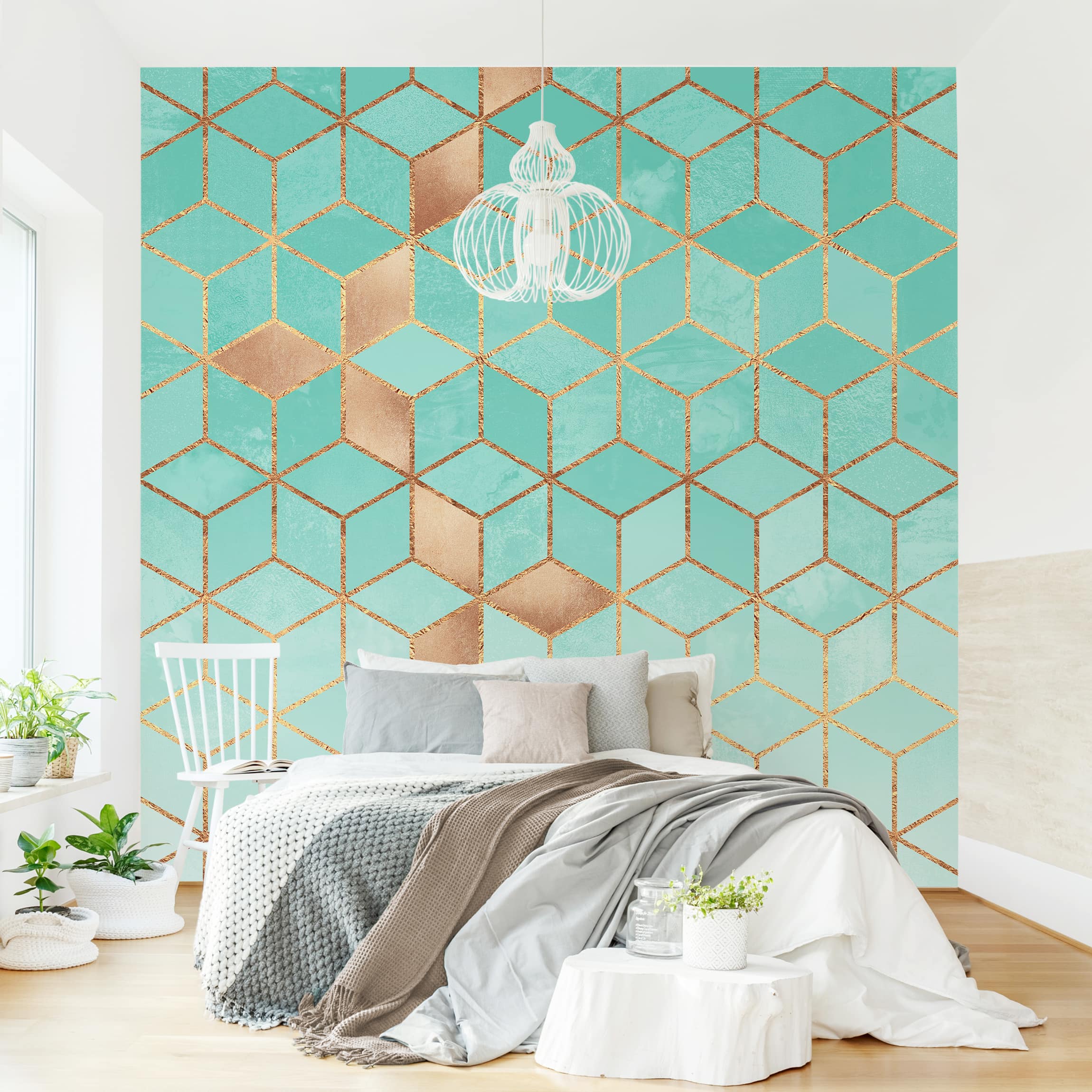 Papier peint à motif abstrait aquarelle art à motif 3D trompe l'oeil géométrie 210 - salon chambre cuisine - Intissé 288 x 288 cm Smart - 5