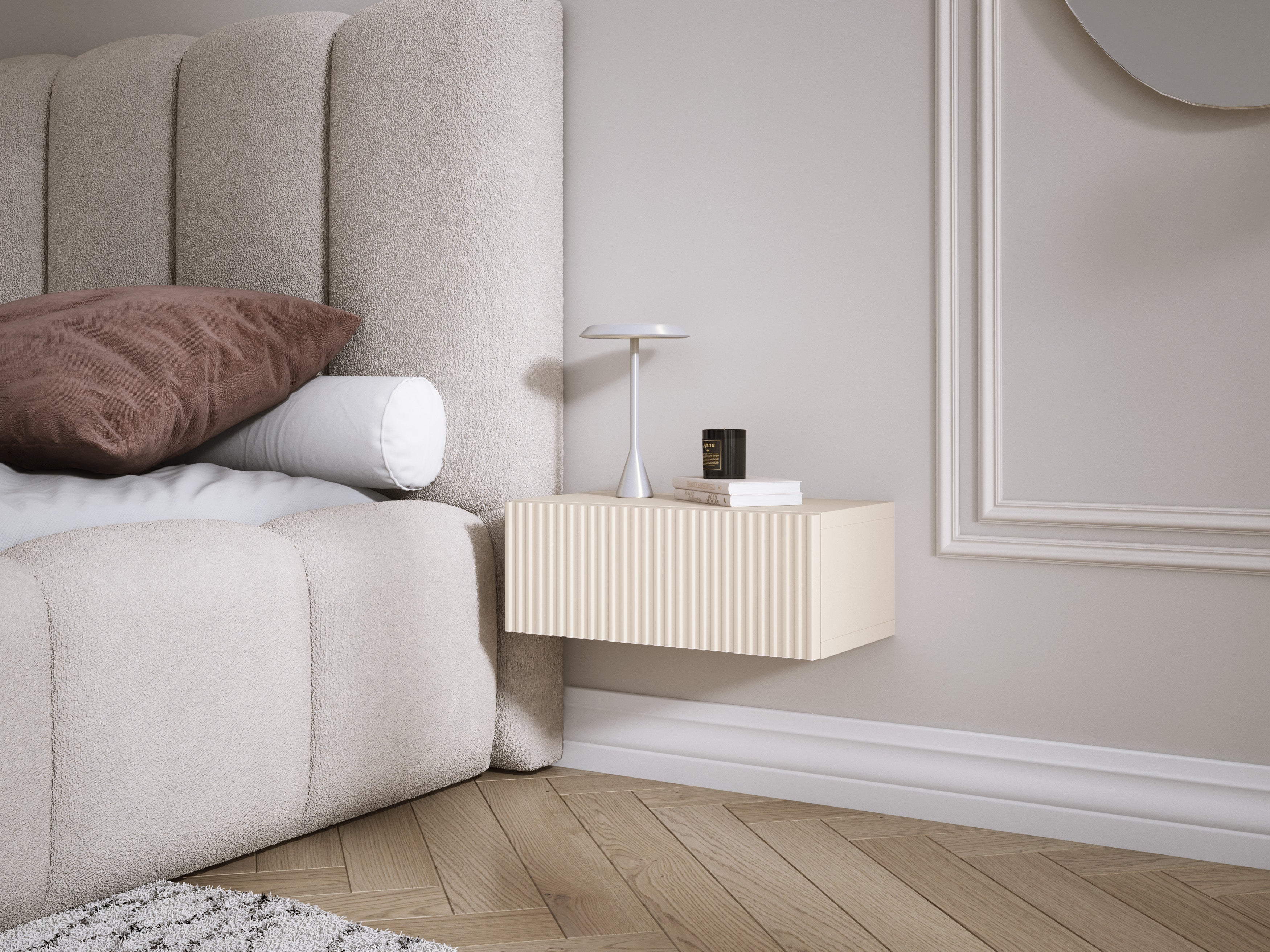 Comodino sospeso con cassetto – frontale scanalato, listelli – colore: Cashmere, 40 x 20 x 16 cm - 2