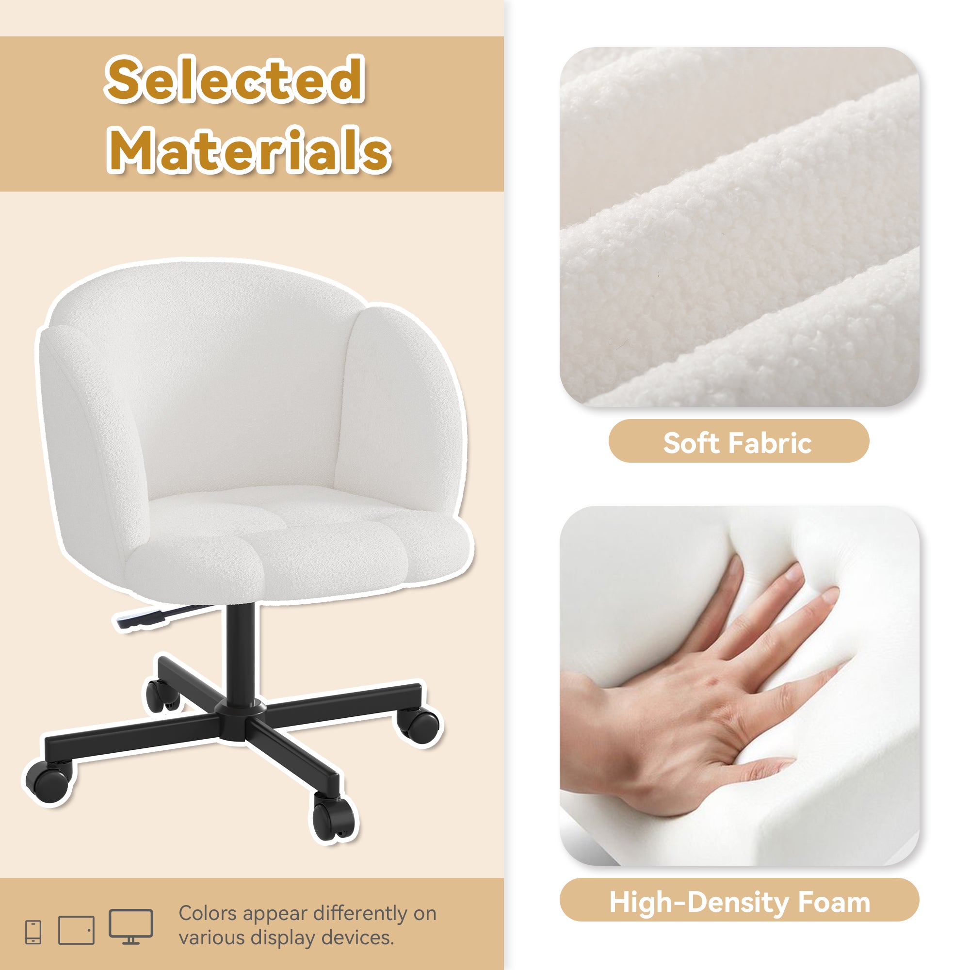 Chaise pivotante réglable avec accoudoirs - L 66 x P 64 x H 77/87 cm - Tissu en peluche - Beige - 9