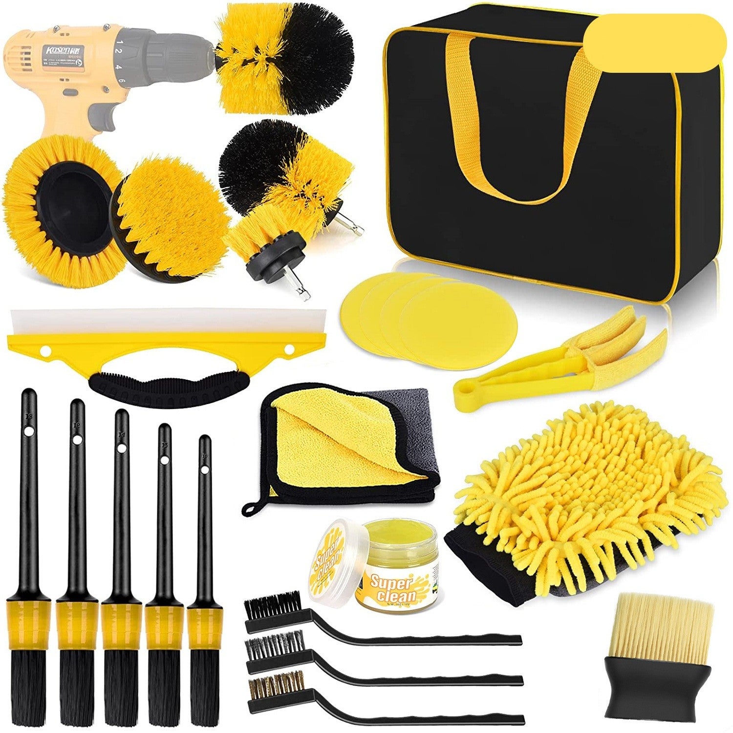 Set 23 accesorii pentru curatare auto Flippy, PP si microfibra, galben/negru 23buc