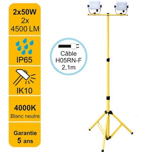 Trépied Télescopique Maclean - Hauteur Réglable 62-150cm - Pour Projecteur Chantier - Charge 10kg - Jaune/Noir