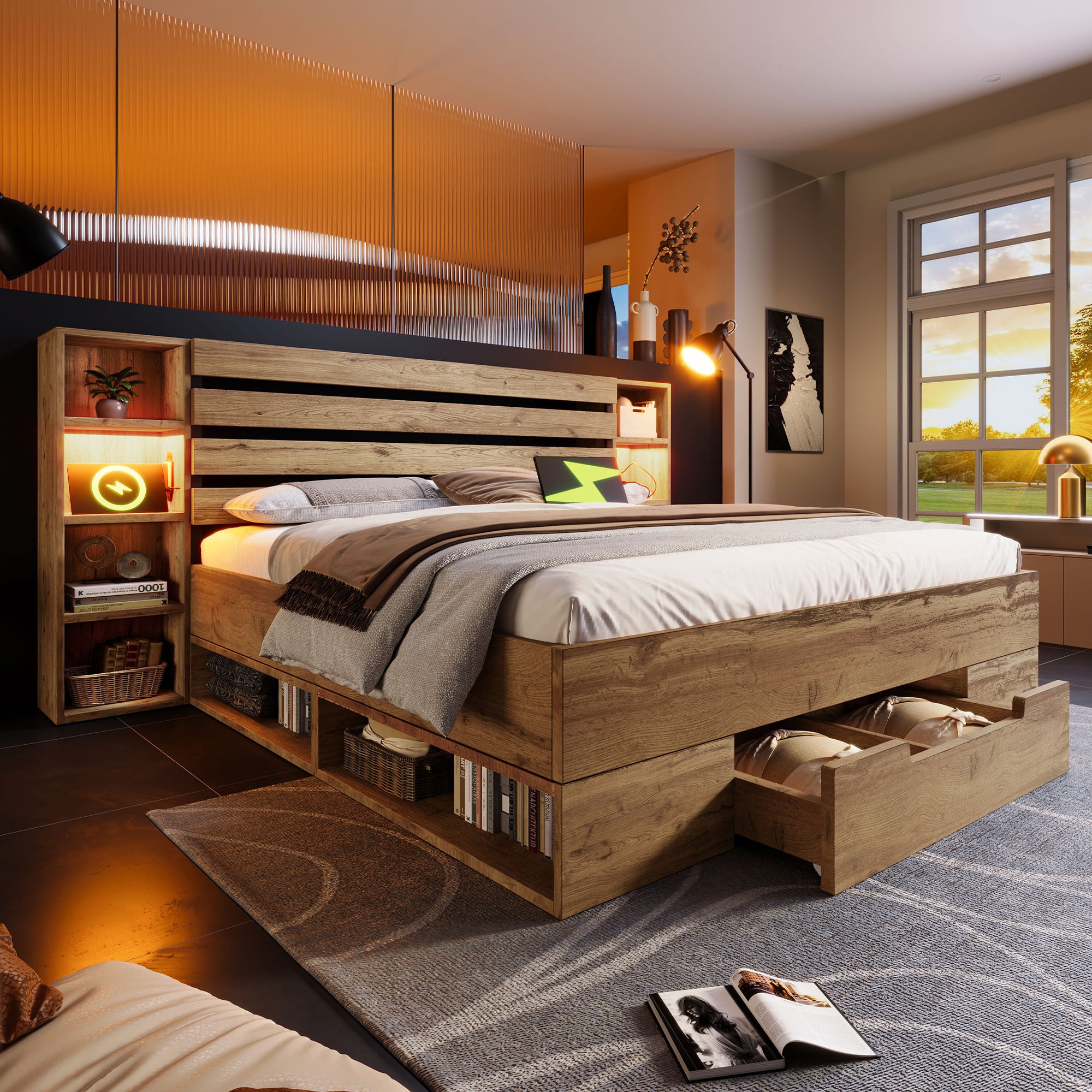 Lit Double 180x200 avec LED et USBC, Lit Industriel avec tête de lit et tiroirs de Rangement, Chêne (Sans Matelas) - 8
