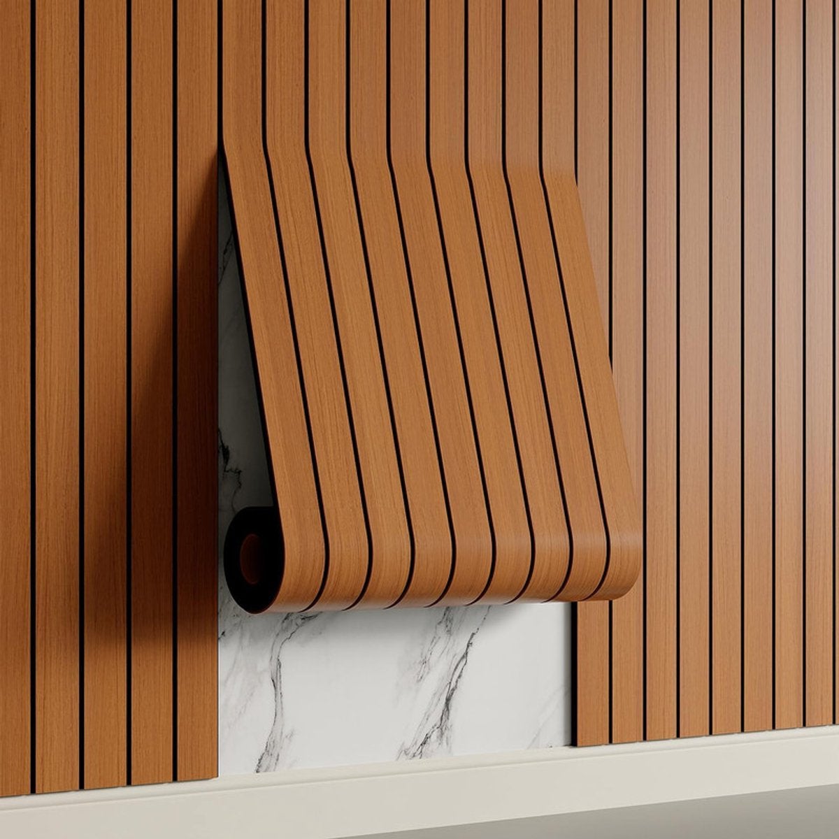 Panou de perete 3D autoadeziv, finisaj nuc, placă PVC 300x40 cm pentru perete și tavan, izolare fonică