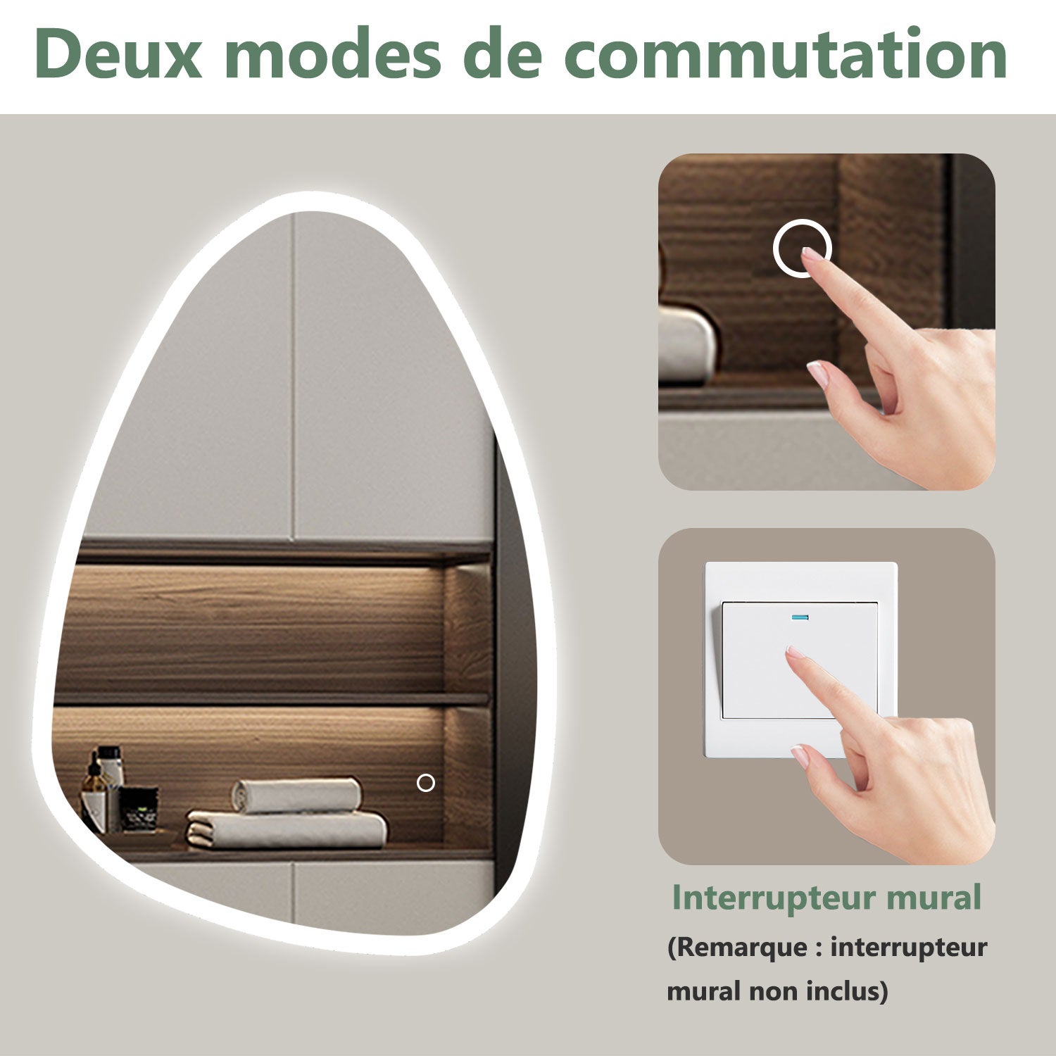 AICA Miroir lumineux 80 x 65cm acve 3 couleurs + dimmable + anti-buée + mémoire, miroir salle de bain led - 6