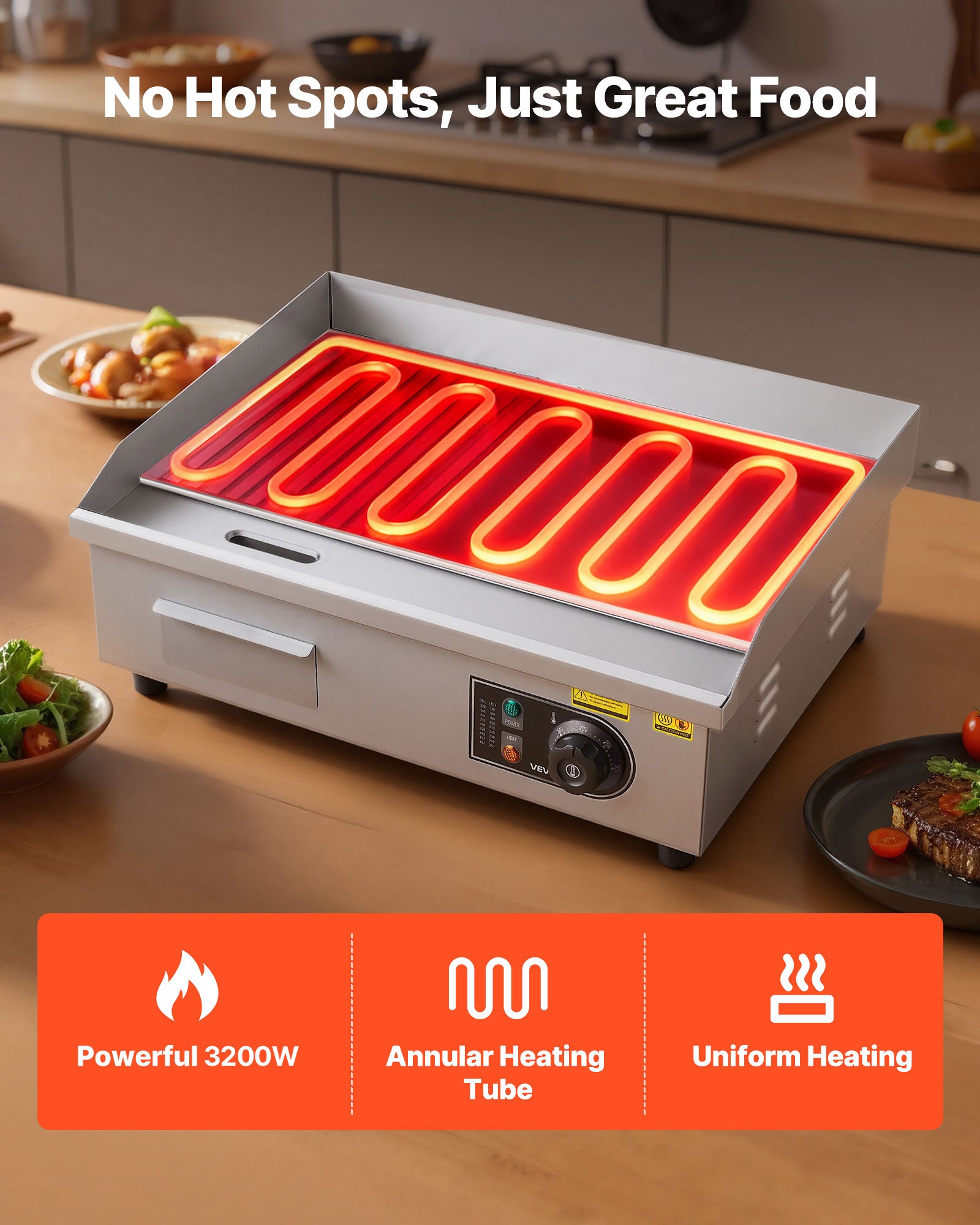 Plancha Électrique VEVOR Professionnelle 3200 W, Plaque 535 x 300 mm, Thermostat 50-300 °C, 2 Zones de Cuisson, Corps Inox, Plaque en Fer - 3