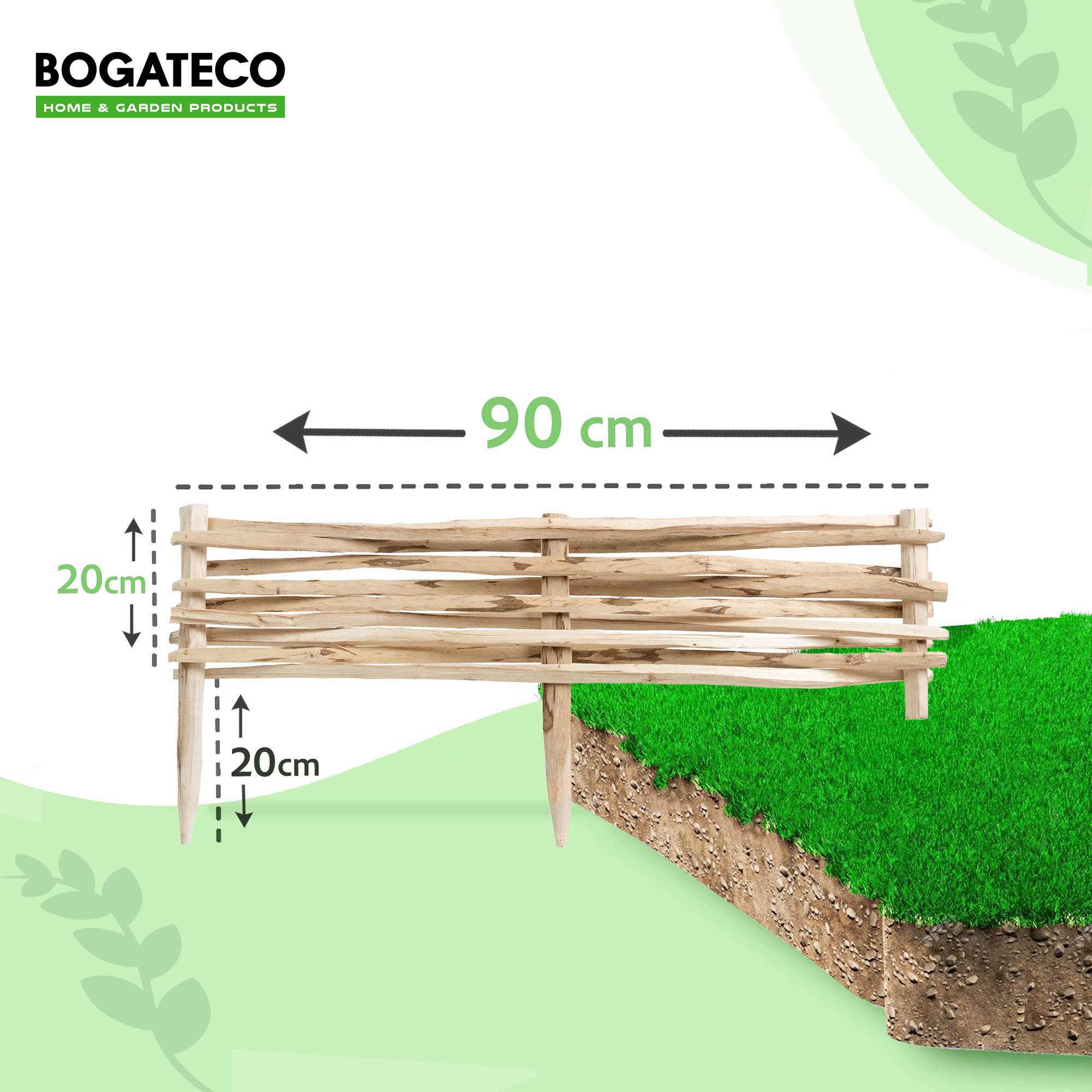 BOGATECO Lot de 3 Bordures de Jardin en Noisetier Naturel - Longueur 90 cm - Hauteur 20 cm - Clôture à Planter - Support de Parterre en Bois - 2