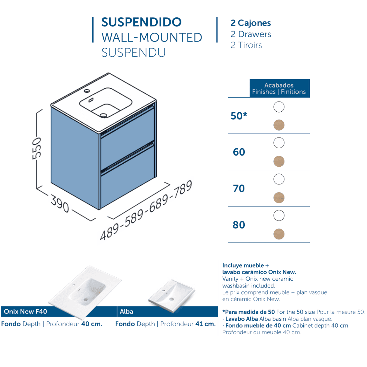 Móveis de Banheiro de Parede com Profundidade Reduzida com Pia de Cerâmica| Móveis Voadores com 2 Gavetas | 50 cm Carvalho Natural - 6